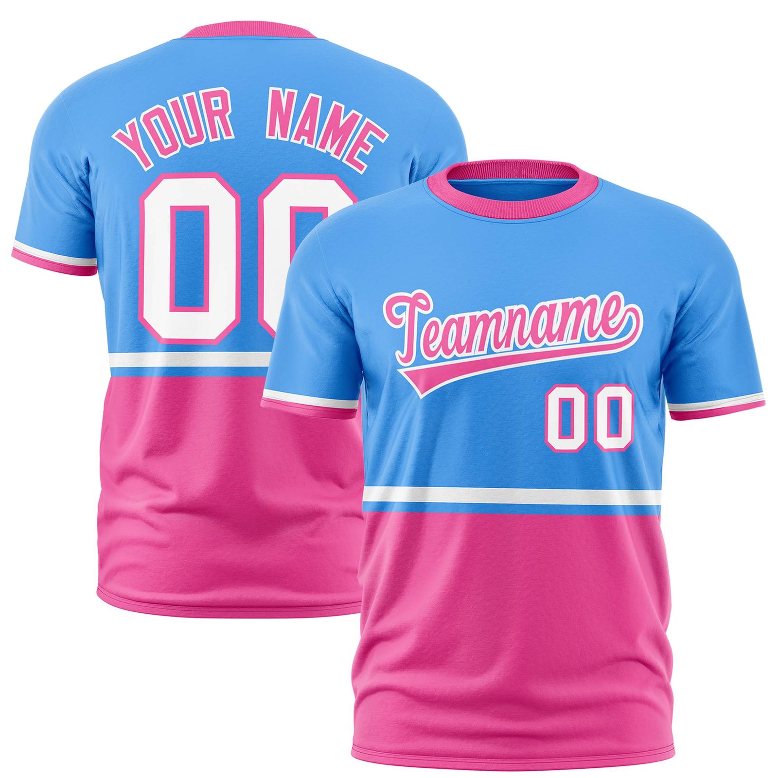 Custom Powder Blue White-Pink Crew neck Color Block Design Performance T-Shirt