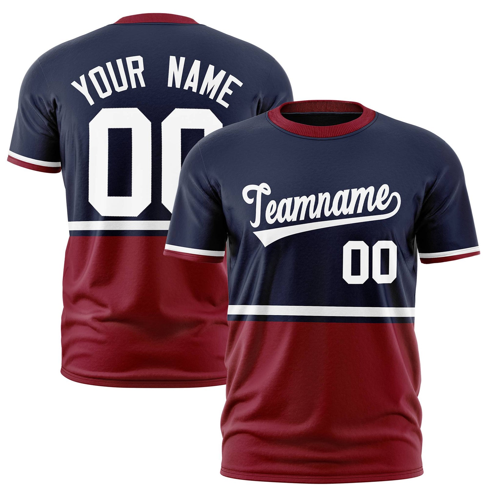 Custom Navy White-Crimson Crew neck Color Block Design Performance T-Shirt