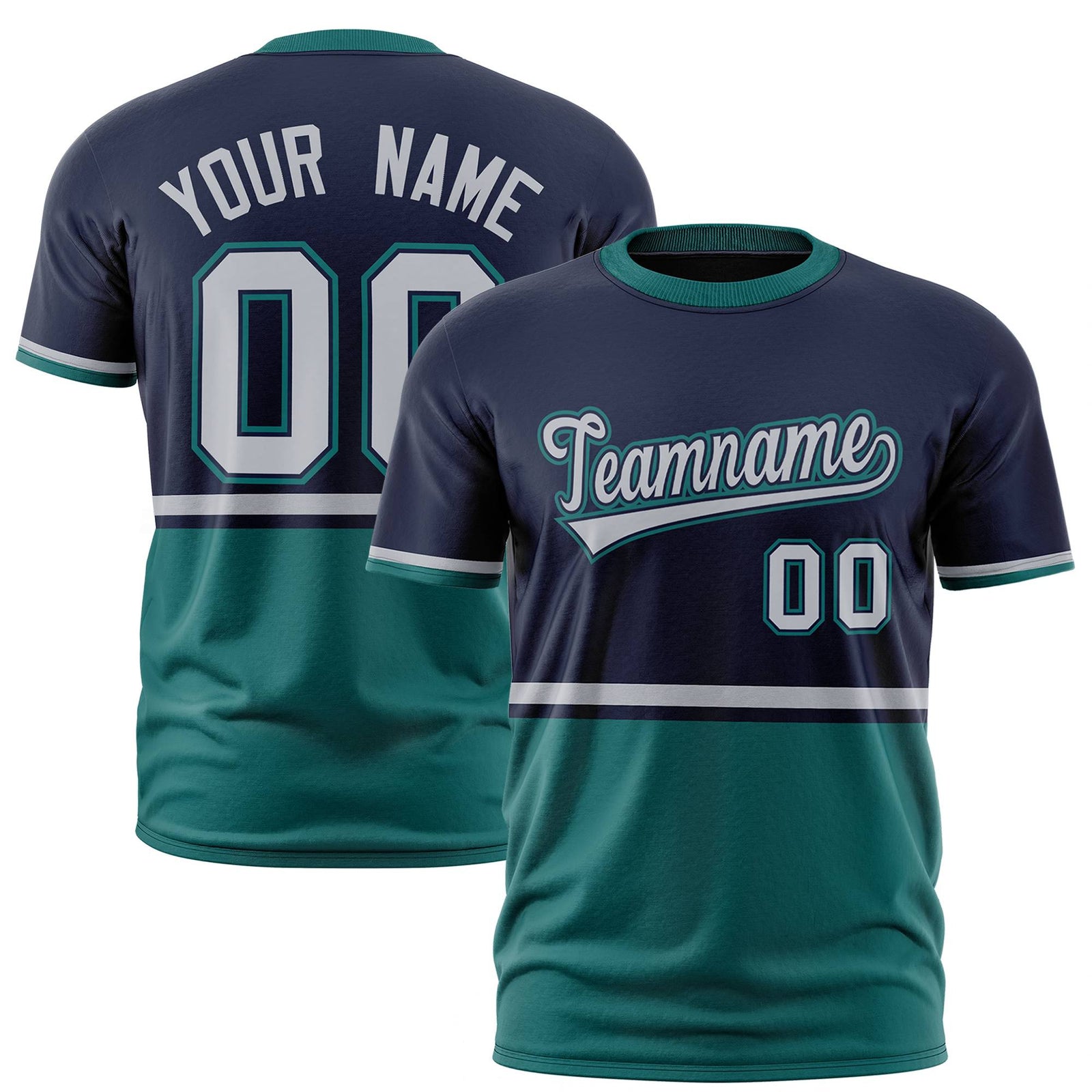 Custom Navy Gray-Aqua Crew neck Color Block Design Performance T-Shirt