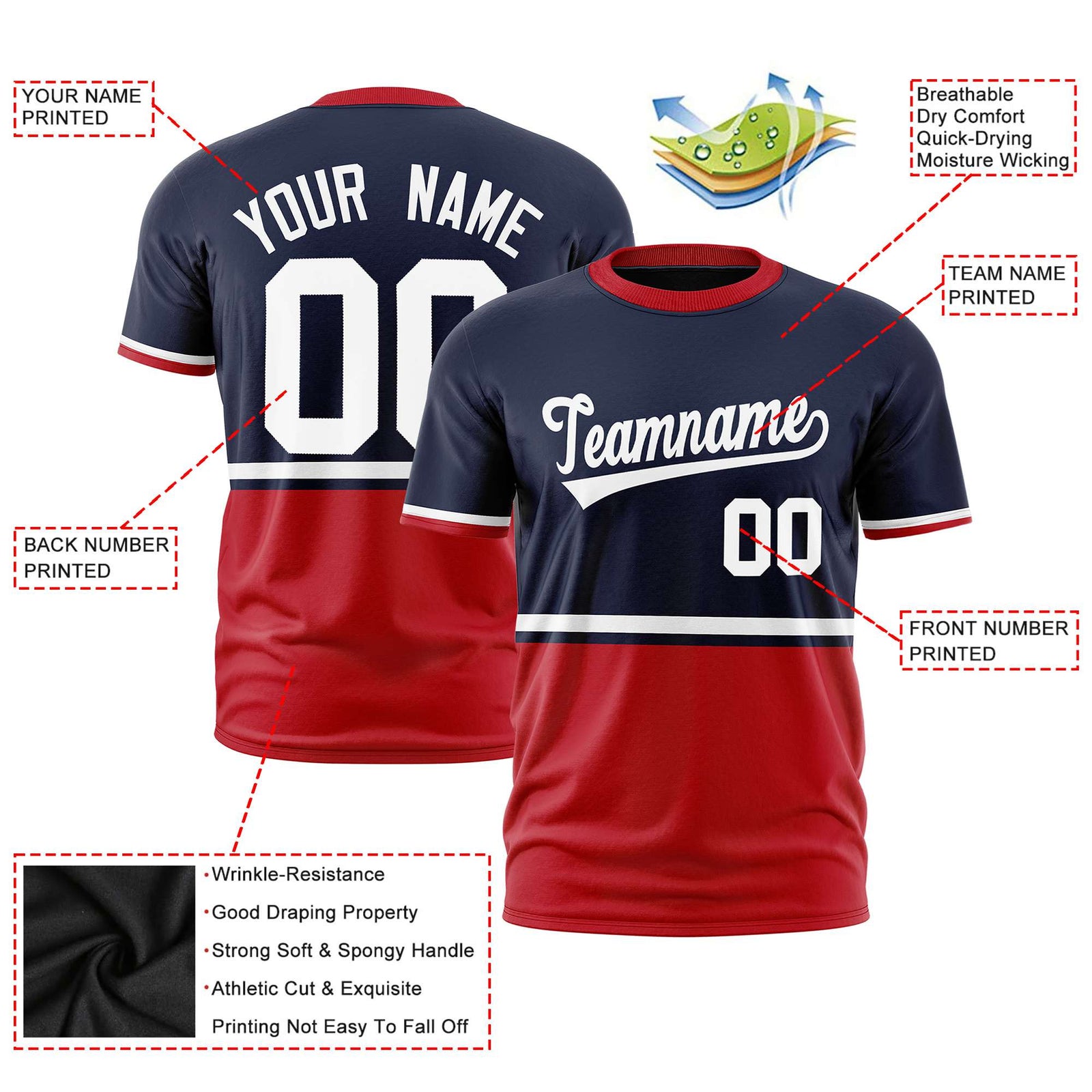 Custom Navy White-Red Crew neck Color Block Design Performance T-Shirt