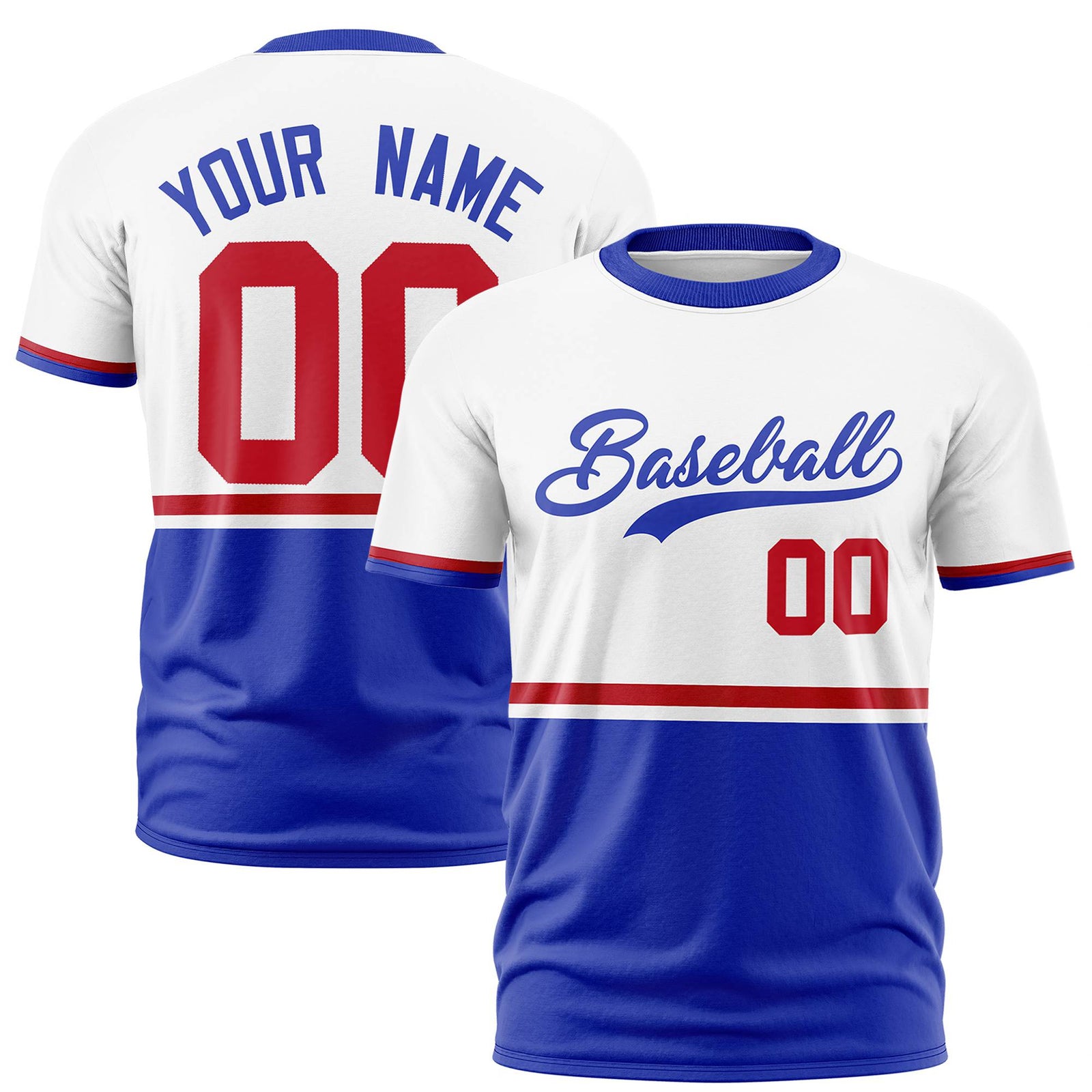 Custom White Red-Royal Blue Crew neck Color Block Design Performance T-Shirt