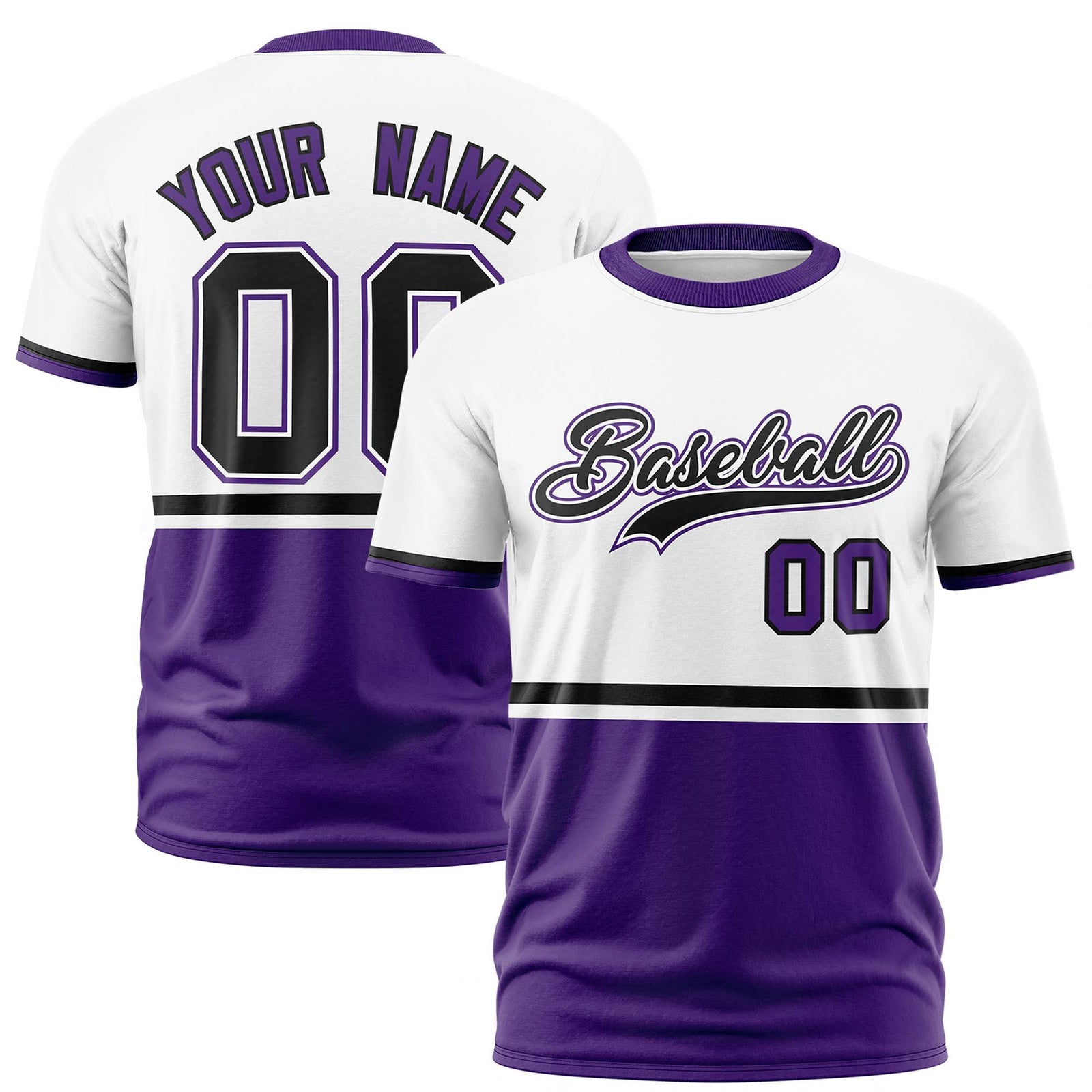 Custom White Black-Purple Crew neck Color Block Design Performance T-Shirt