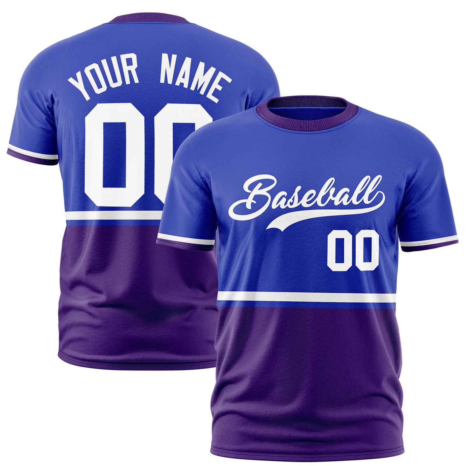 Custom Royal Blue White-Purple Crew neck Color Block Design Performance T-Shirt