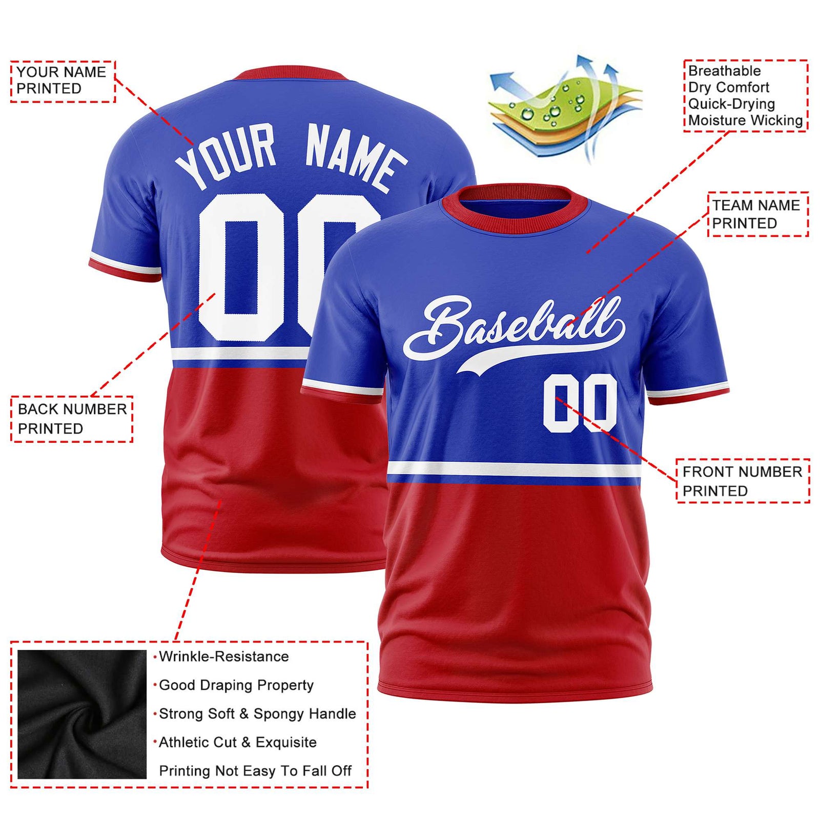 Custom Royal Blue White-Red Crew neck Color Block Design Performance T-Shirt