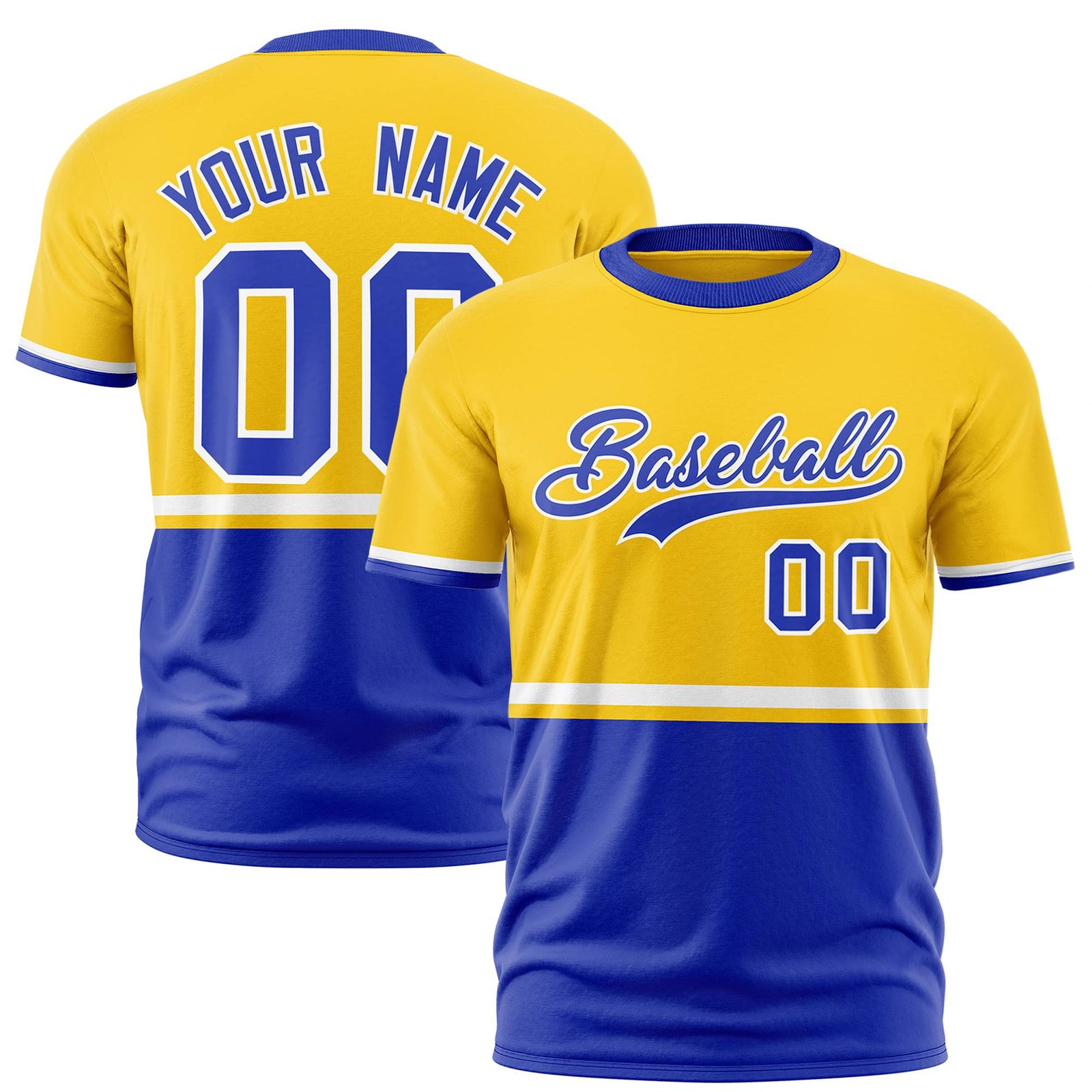 Custom Gold-01 White-Royal Blue Crew neck Color Block Design Performance T-Shirt