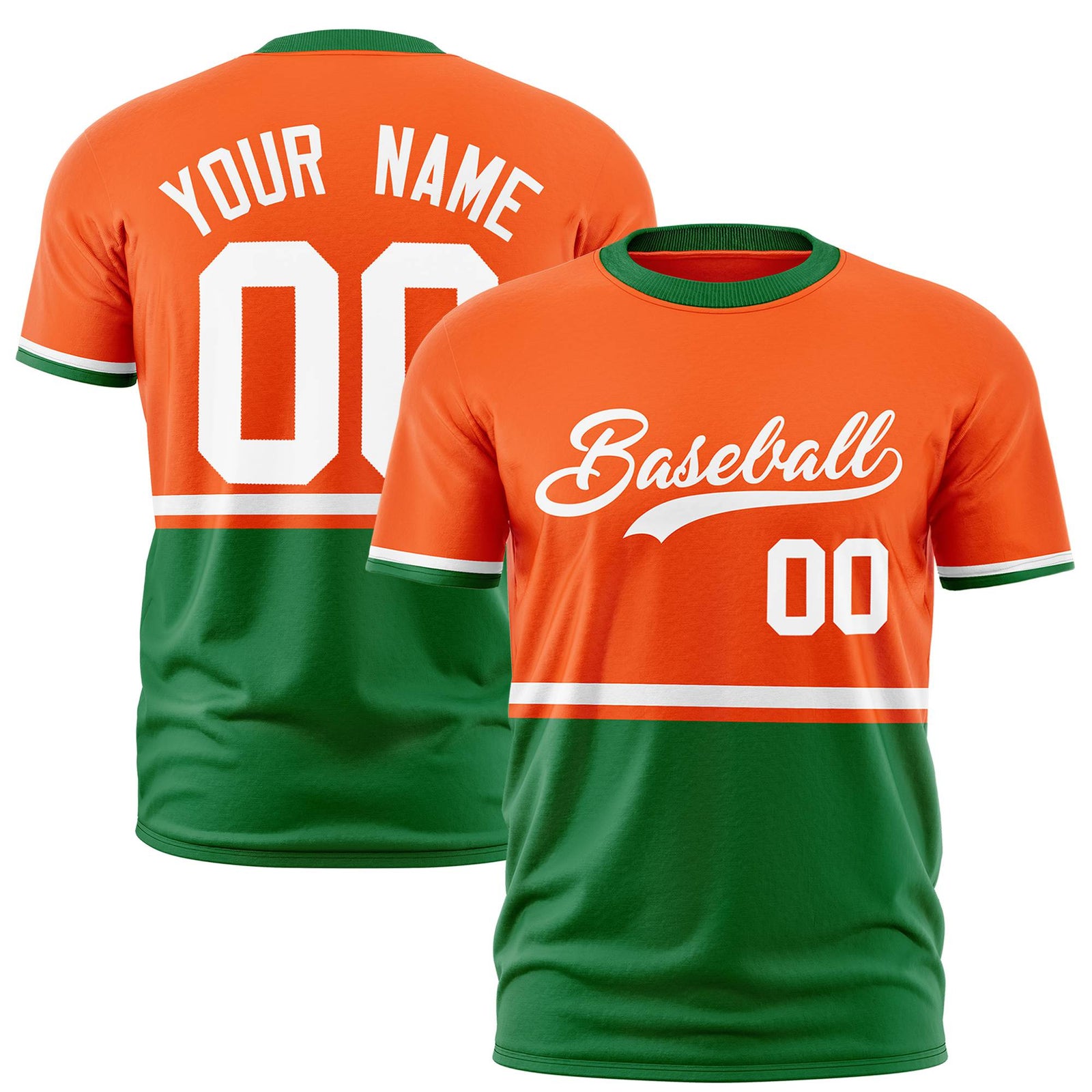 Custom Orange White-Kelly Green Crew neck Color Block Design Performance T-Shirt