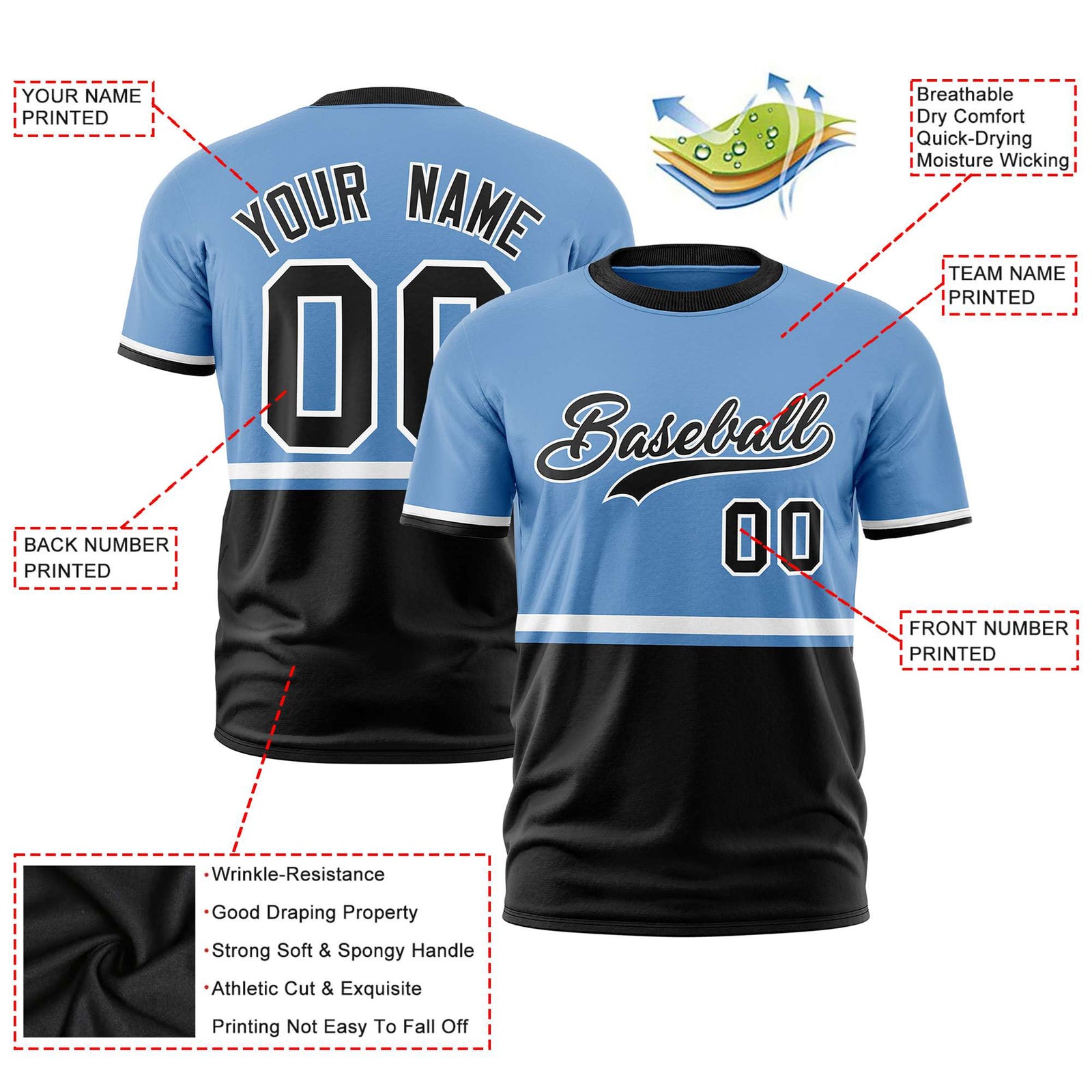 Custom Light Blue White-Black Crew neck Color Block Design Performance T-Shirt