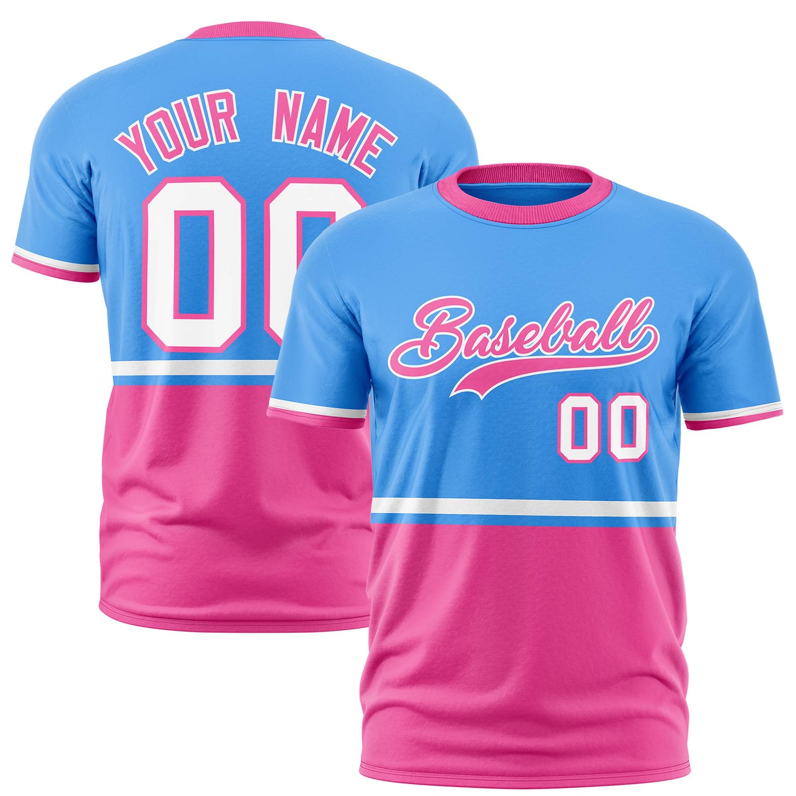 Custom Powder Blue White-Pink Crew neck Color Block Design Performance T-Shirt