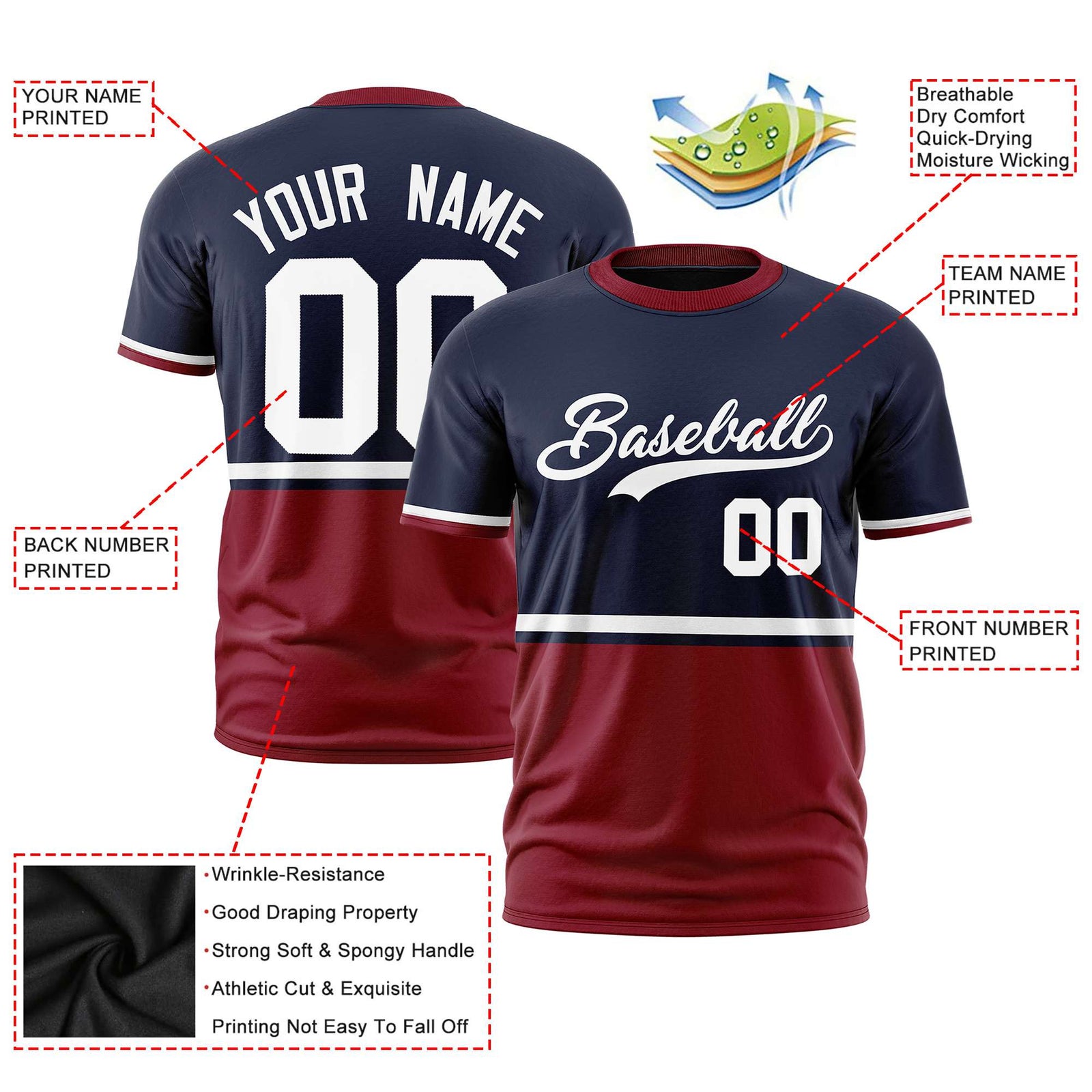Custom Navy White-Crimson Crew neck Color Block Design Performance T-Shirt