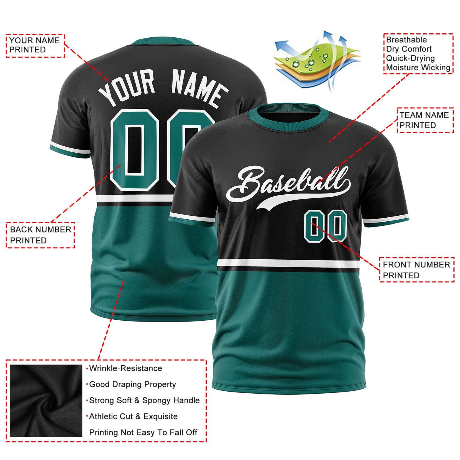 Custom Black White-Aqua Crew neck Color Block Design Performance T-Shirt