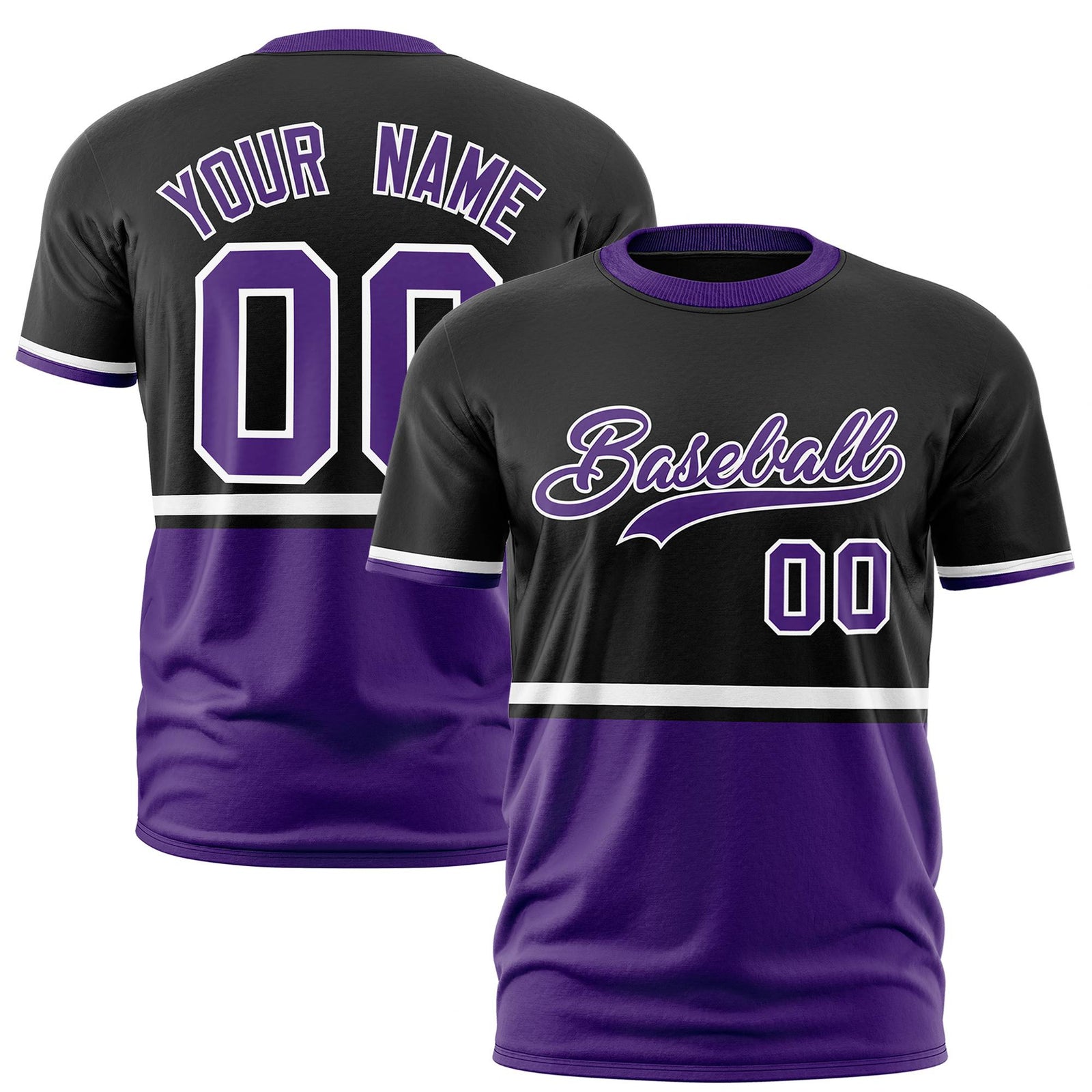 Custom Black White-Purple Crew neck Color Block Design Performance T-Shirt