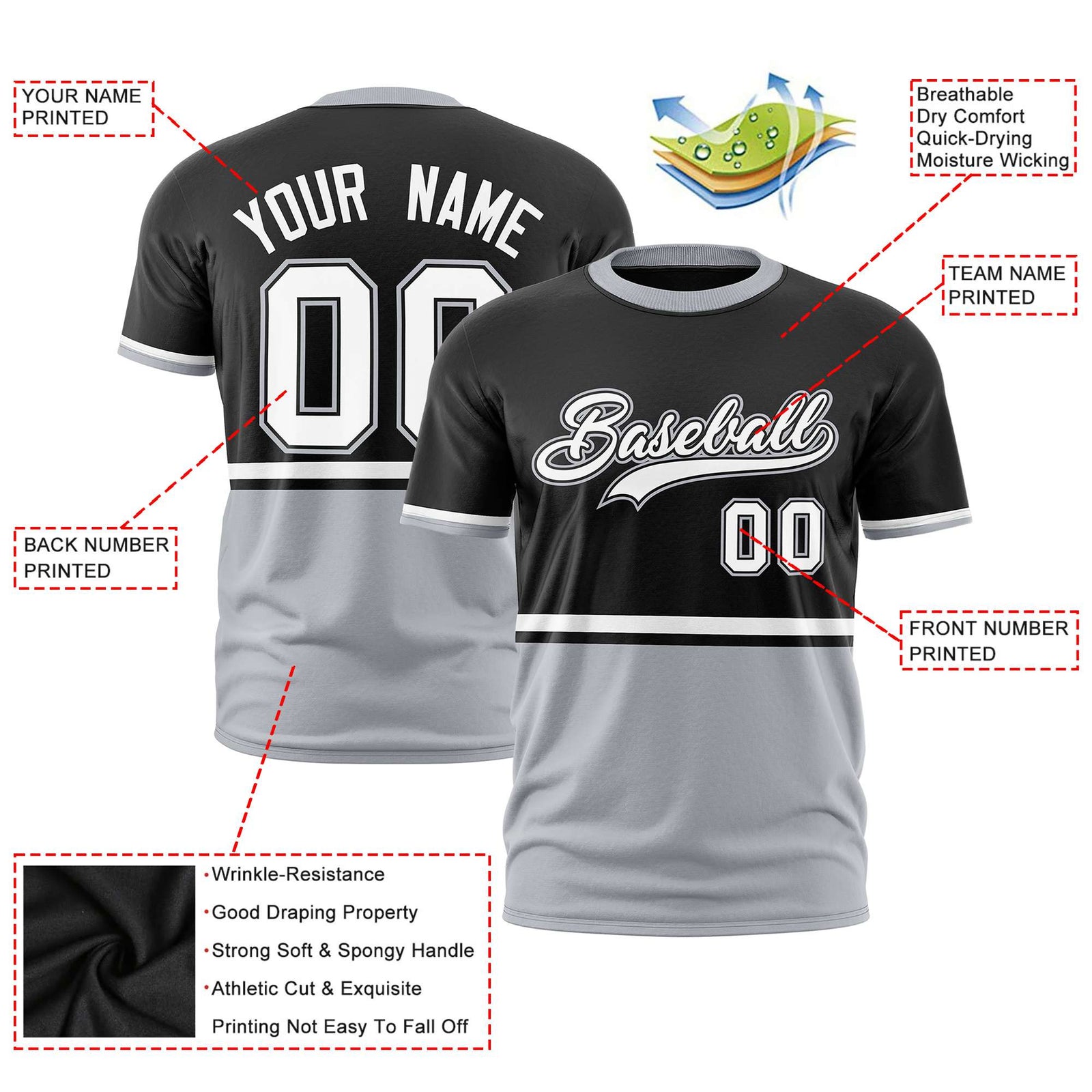 Custom Black White-Gray Crew neck Color Block Design Performance T-Shirt