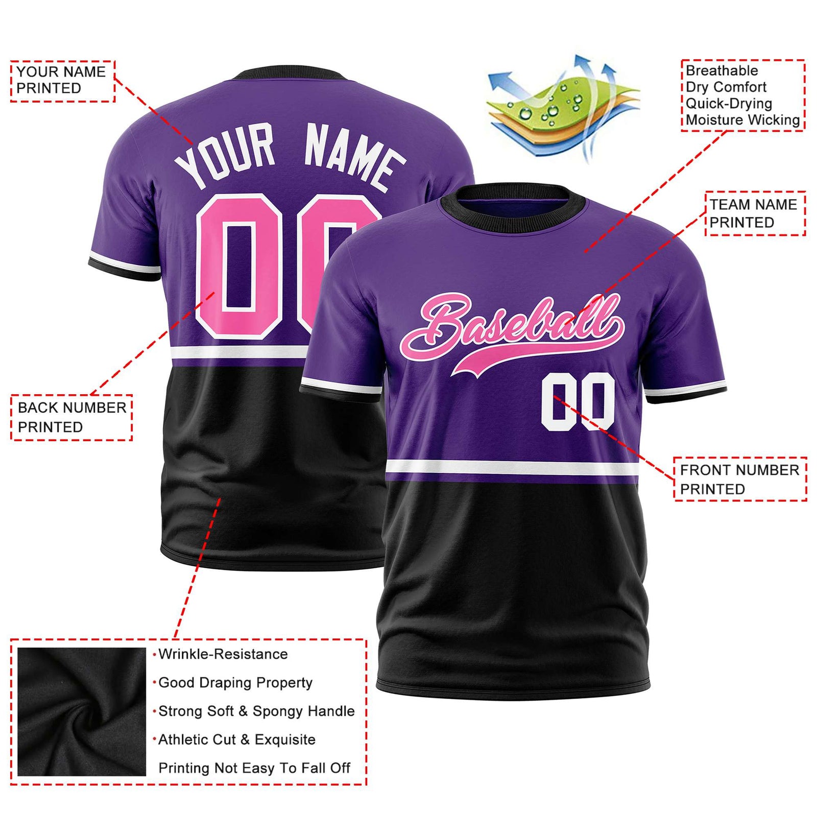 Custom Purple White-Black Crew neck Color Block Design Performance T-Shirt