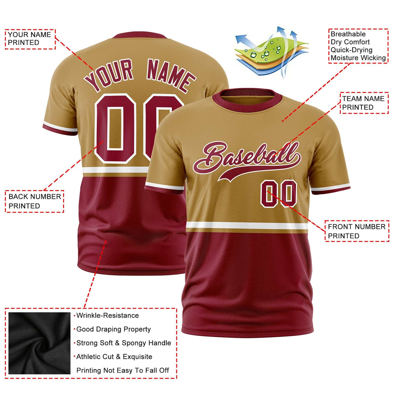 Custom Old Gold White-Crimson Crew neck Color Block Design Performance T-Shirt