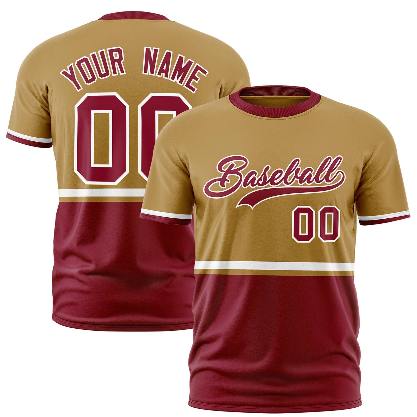 Custom Old Gold White-Crimson Crew neck Color Block Design Performance T-Shirt