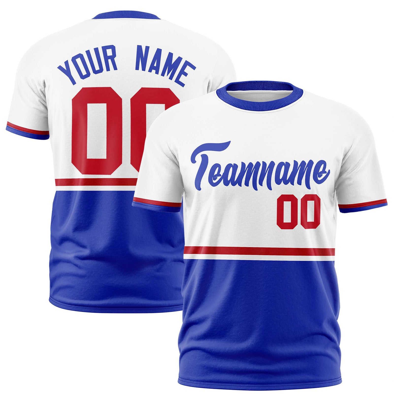Custom White Red-Royal Blue Crew neck Color Block Design Performance T-Shirt