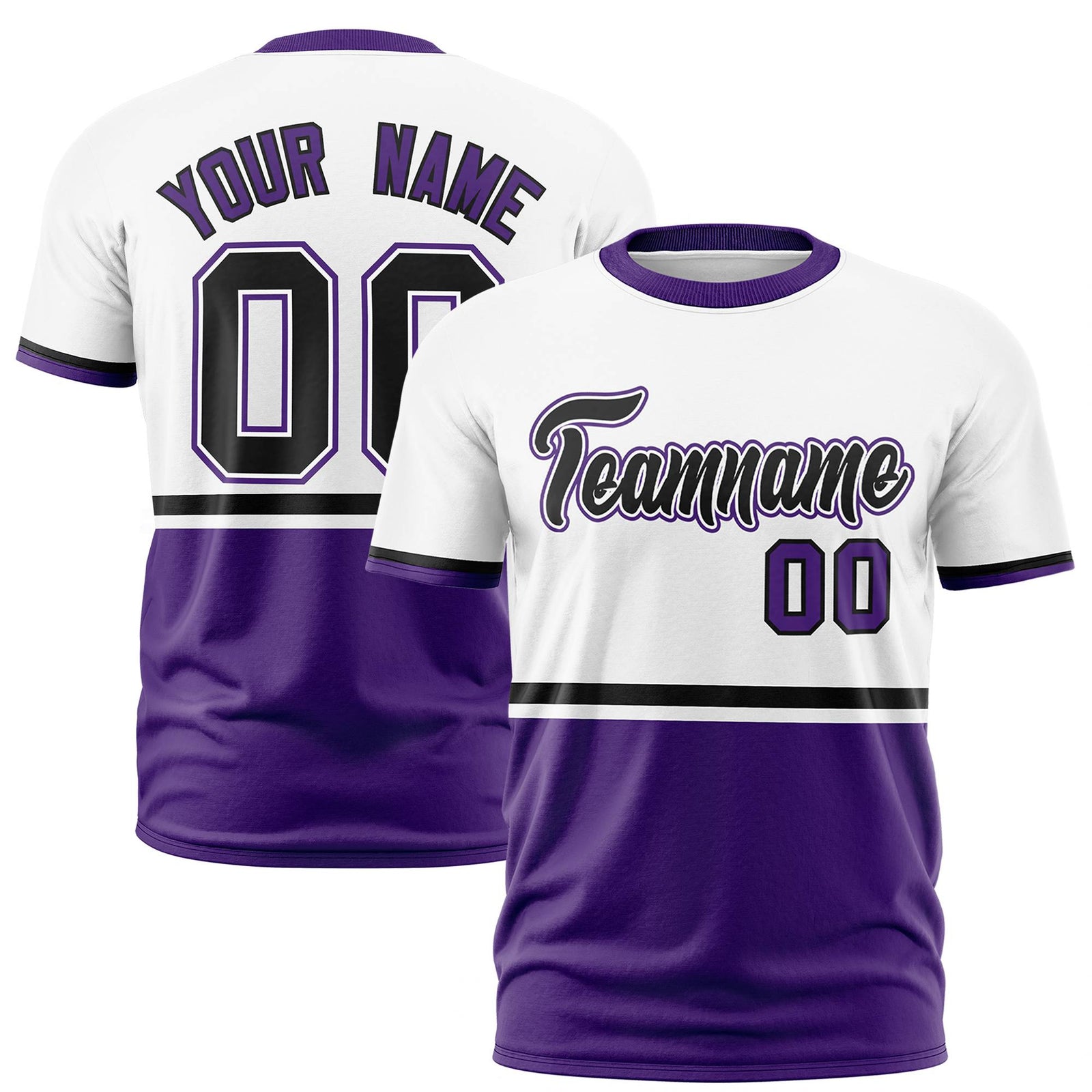 Custom White Black-Purple Crew neck Color Block Design Performance T-Shirt