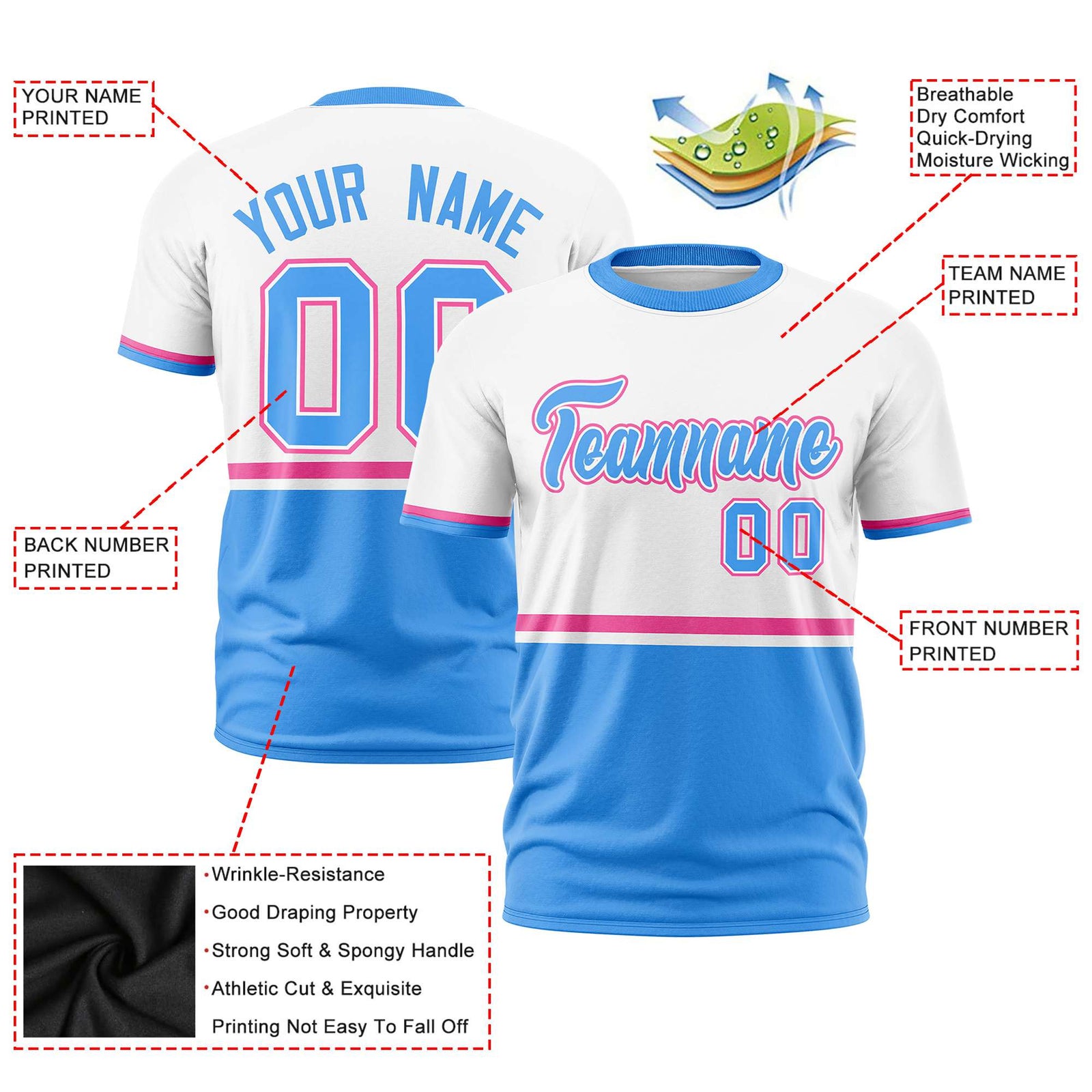 Custom White Pink-Powder Blue Crew neck Color Block Design Performance T-Shirt
