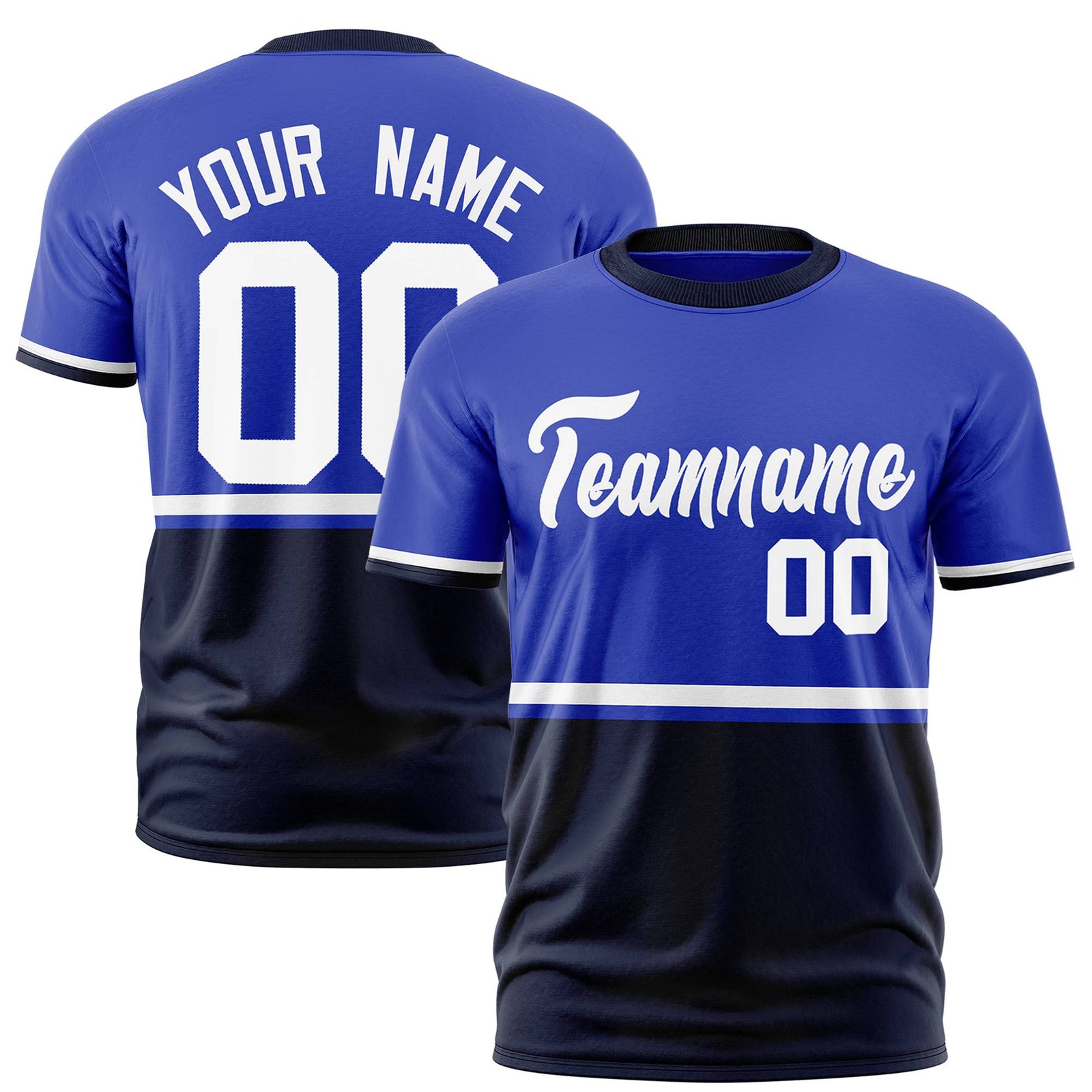 Custom Royal Blue White-Navy Crew neck Color Block Design Performance T-Shirt