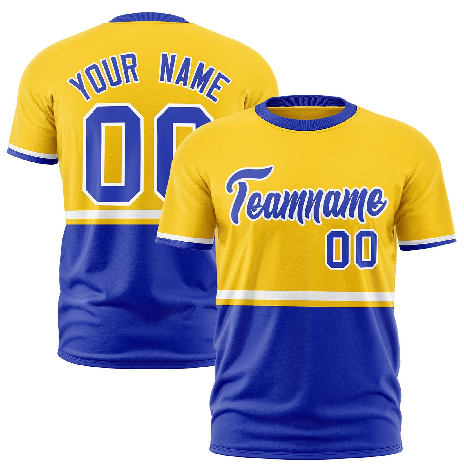 Custom Gold-01 White-Royal Blue Crew neck Color Block Design Performance T-Shirt