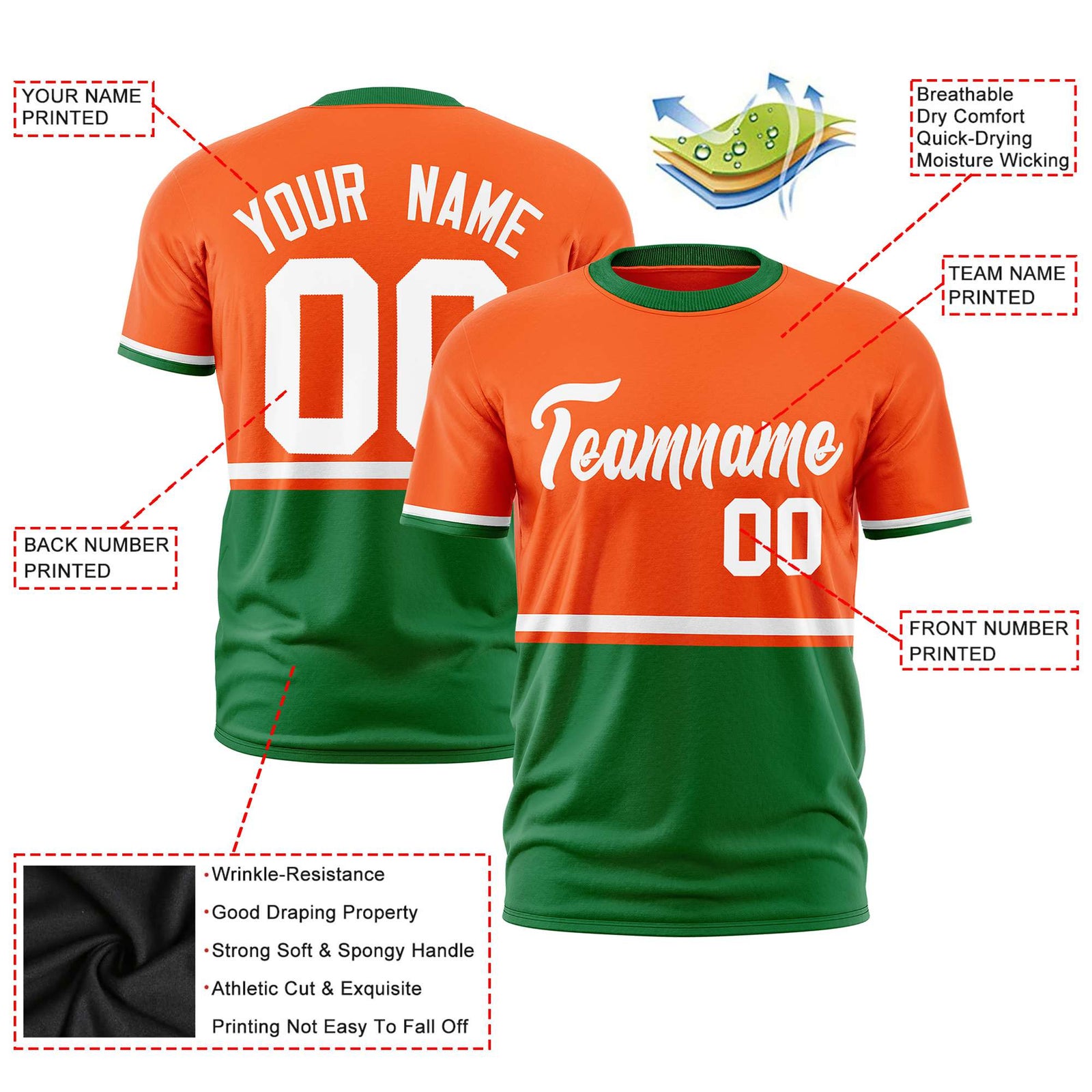 Custom Orange White-Kelly Green Crew neck Color Block Design Performance T-Shirt