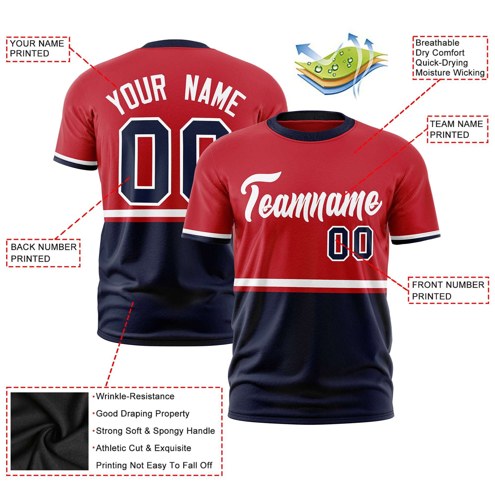 Custom Red White-Navy Crew neck Color Block Design Performance T-Shirt