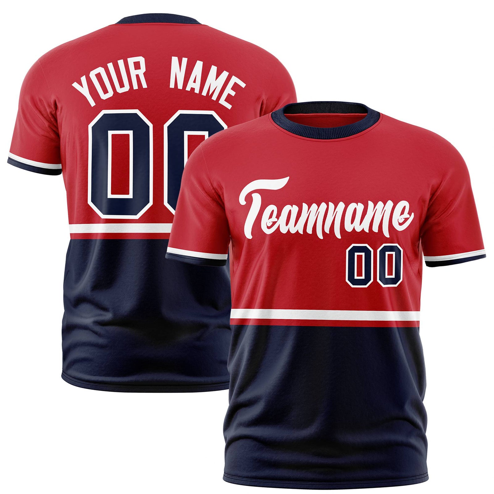Custom Red White-Navy Crew neck Color Block Design Performance T-Shirt