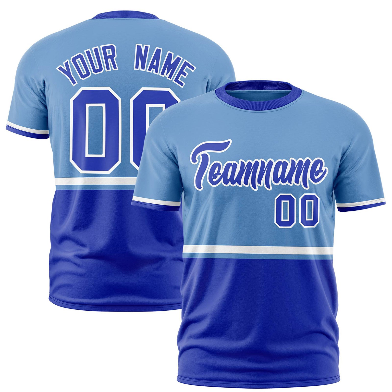 Custom Light Blue White-Royal Blue Crew neck Color Block Design Performance T-Shirt