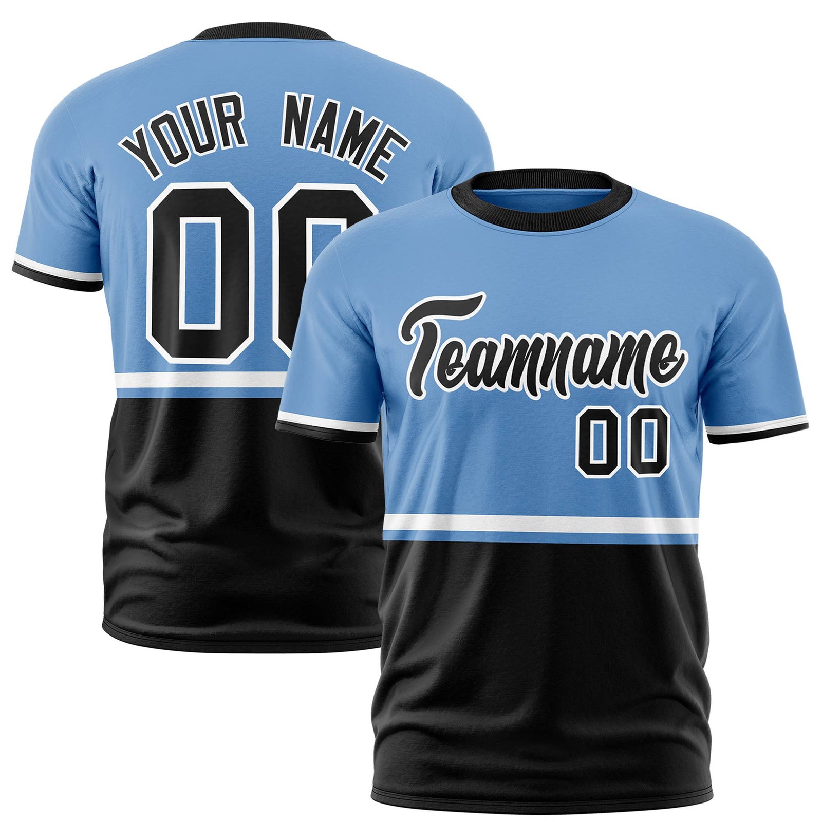Custom Light Blue White-Black Crew neck Color Block Design Performance T-Shirt