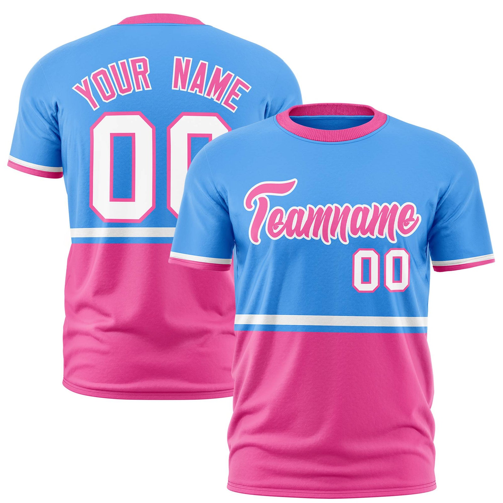 Custom Powder Blue White-Pink Crew neck Color Block Design Performance T-Shirt