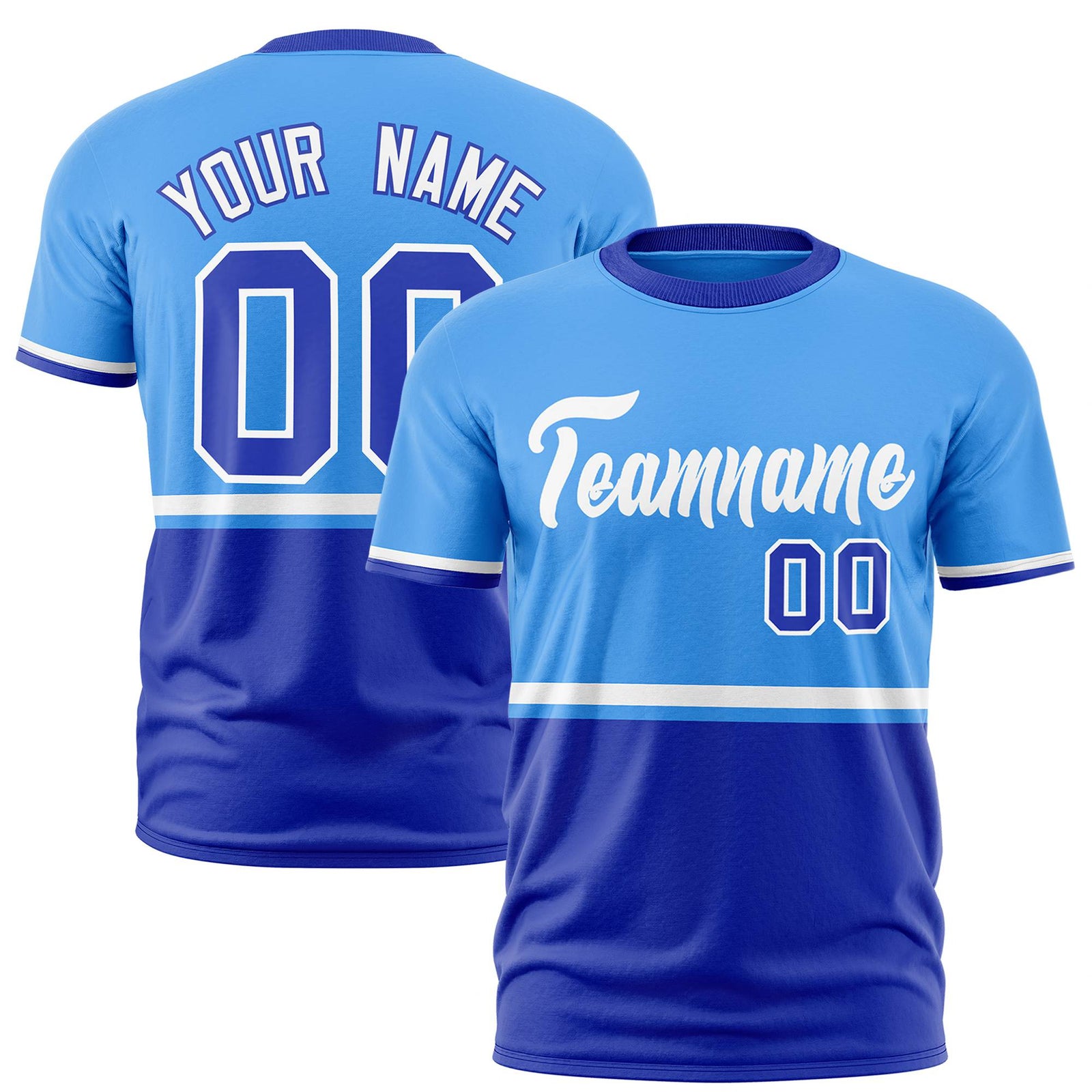 Custom Powder Blue White-Royal Blue Crew neck Color Block Design Performance T-Shirt