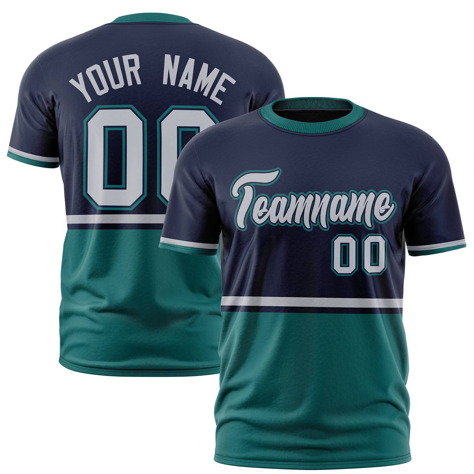 Custom Navy Gray-Aqua Crew neck Color Block Design Performance T-Shirt