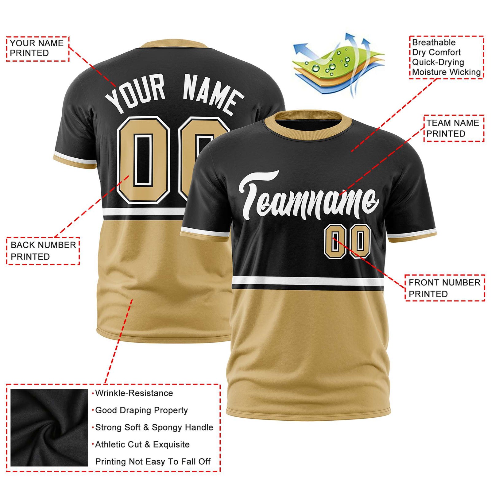 Custom Black White-Old Gold Crew neck Color Block Design Performance T-Shirt