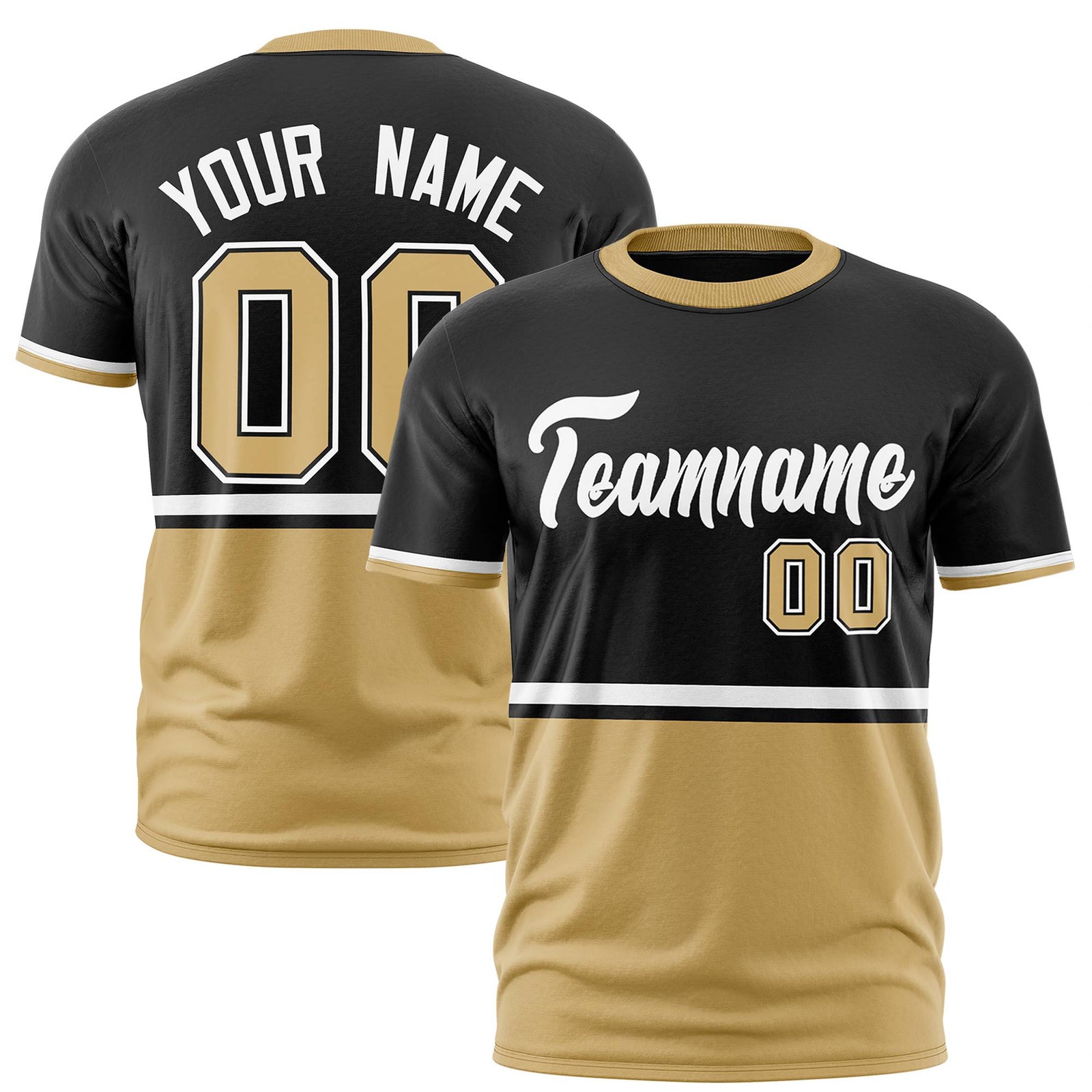 Custom Black White-Old Gold Crew neck Color Block Design Performance T-Shirt