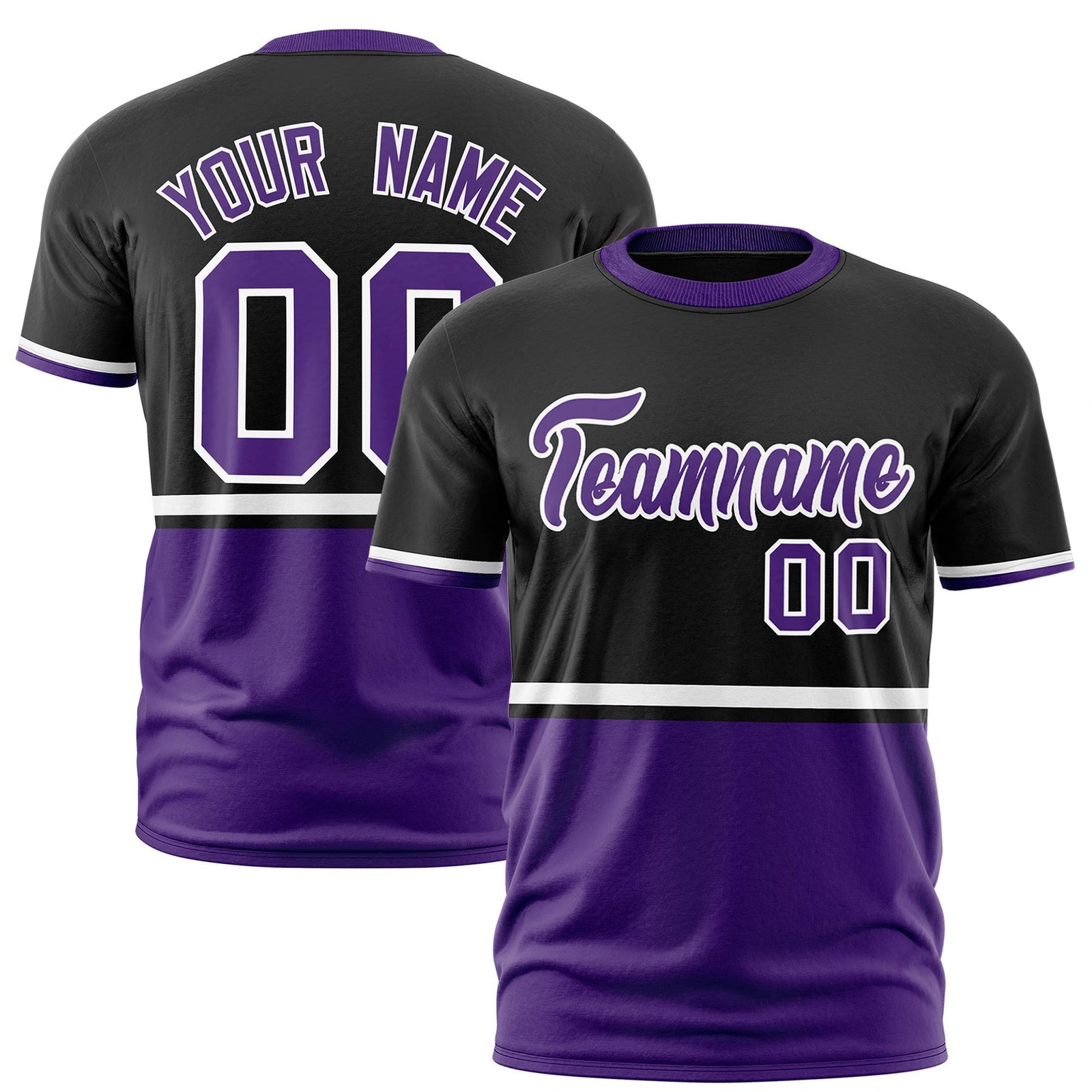 Custom Black White-Purple Crew neck Color Block Design Performance T-Shirt