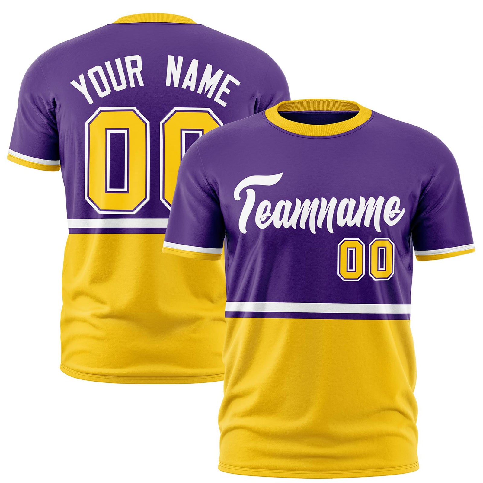 Custom Purple White-Gold-01 Crew neck Color Block Design Performance T-Shirt