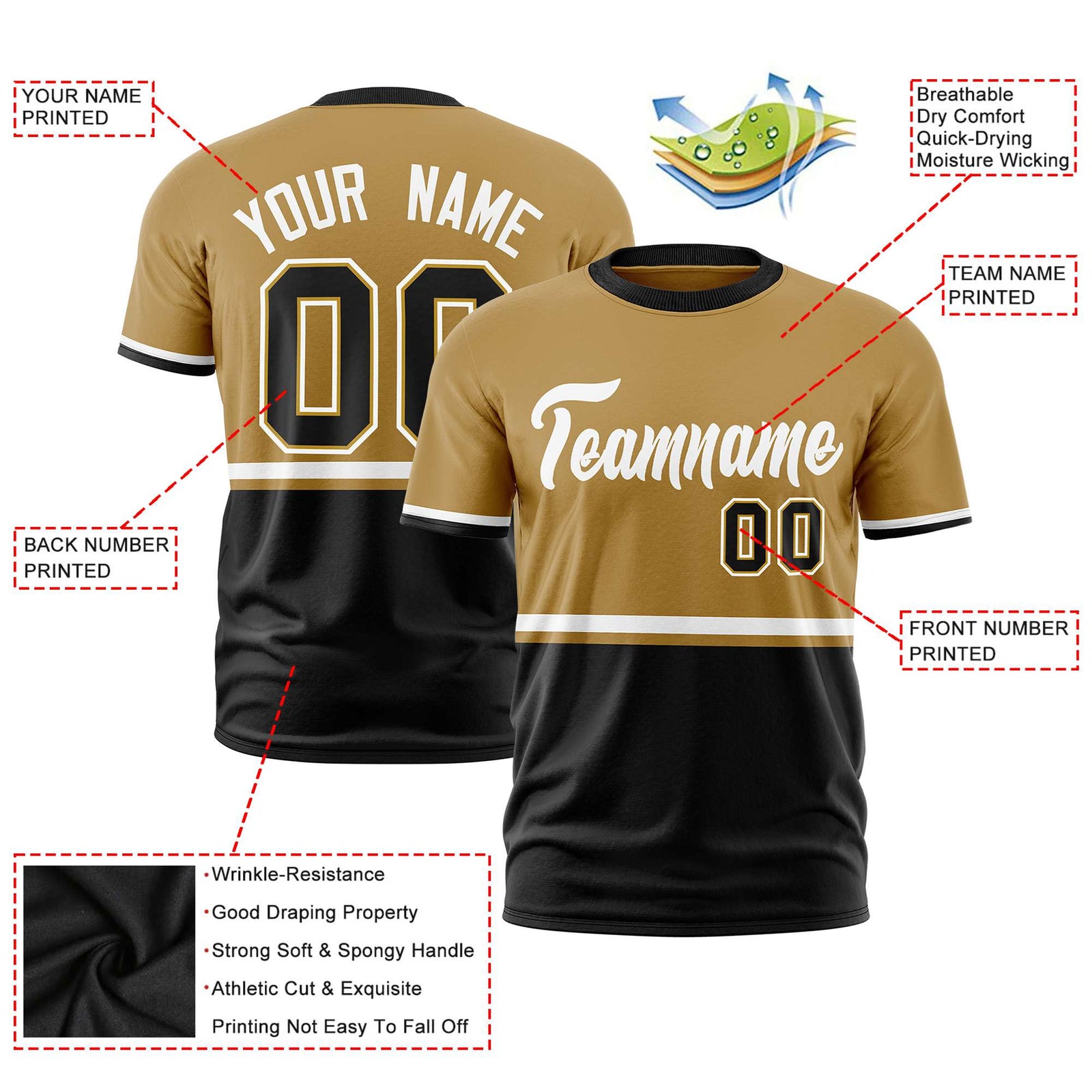 Custom Old Gold White-Black Crew neck Color Block Design Performance T-Shirt