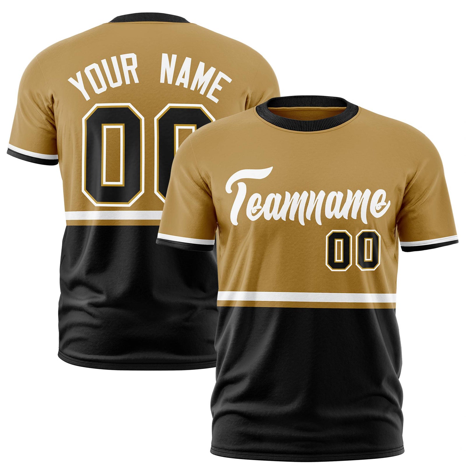Custom Old Gold White-Black Crew neck Color Block Design Performance T-Shirt