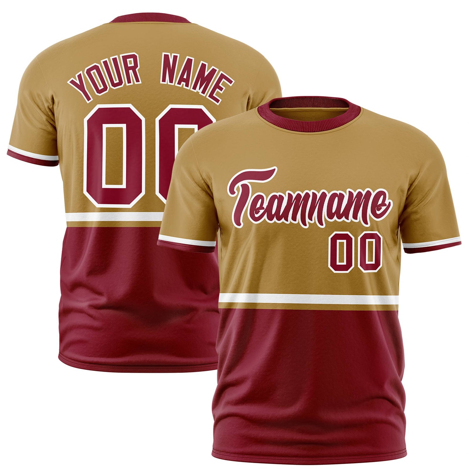 Custom Old Gold White-Crimson Crew neck Color Block Design Performance T-Shirt