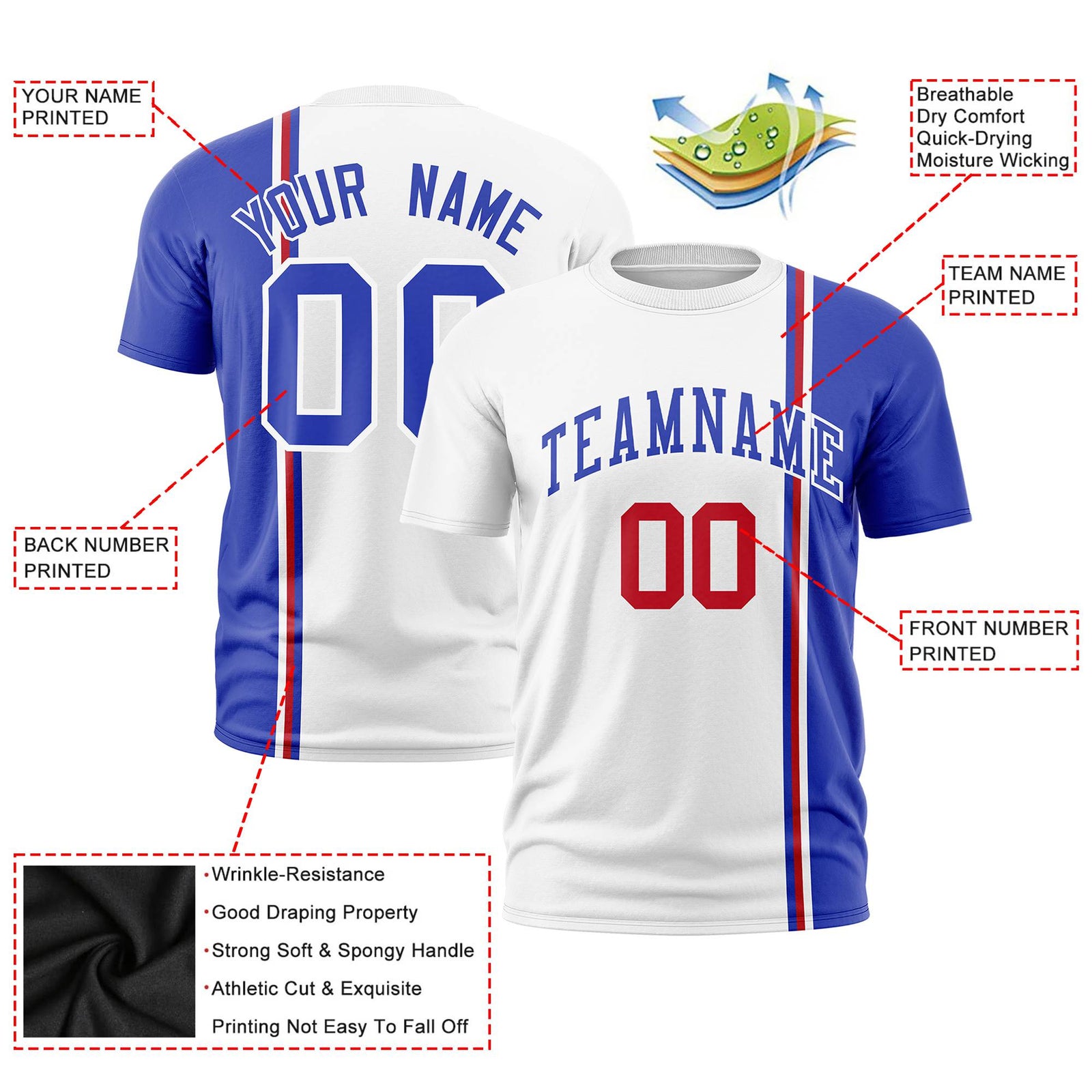 Custom White Royal Blue-Red Crew neck Color Contrast Design T-Shirts