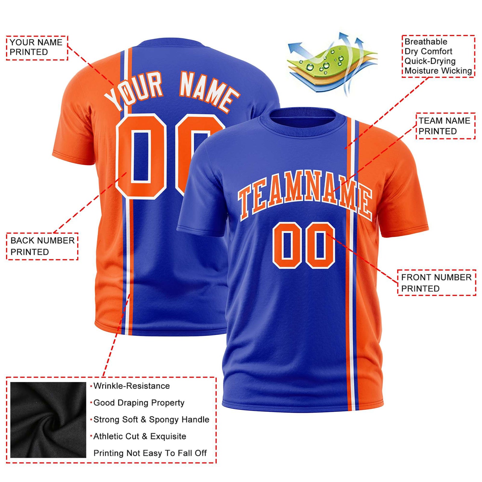 Custom Royal Blue Orange-White Crew neck Color Contrast Design T-Shirts