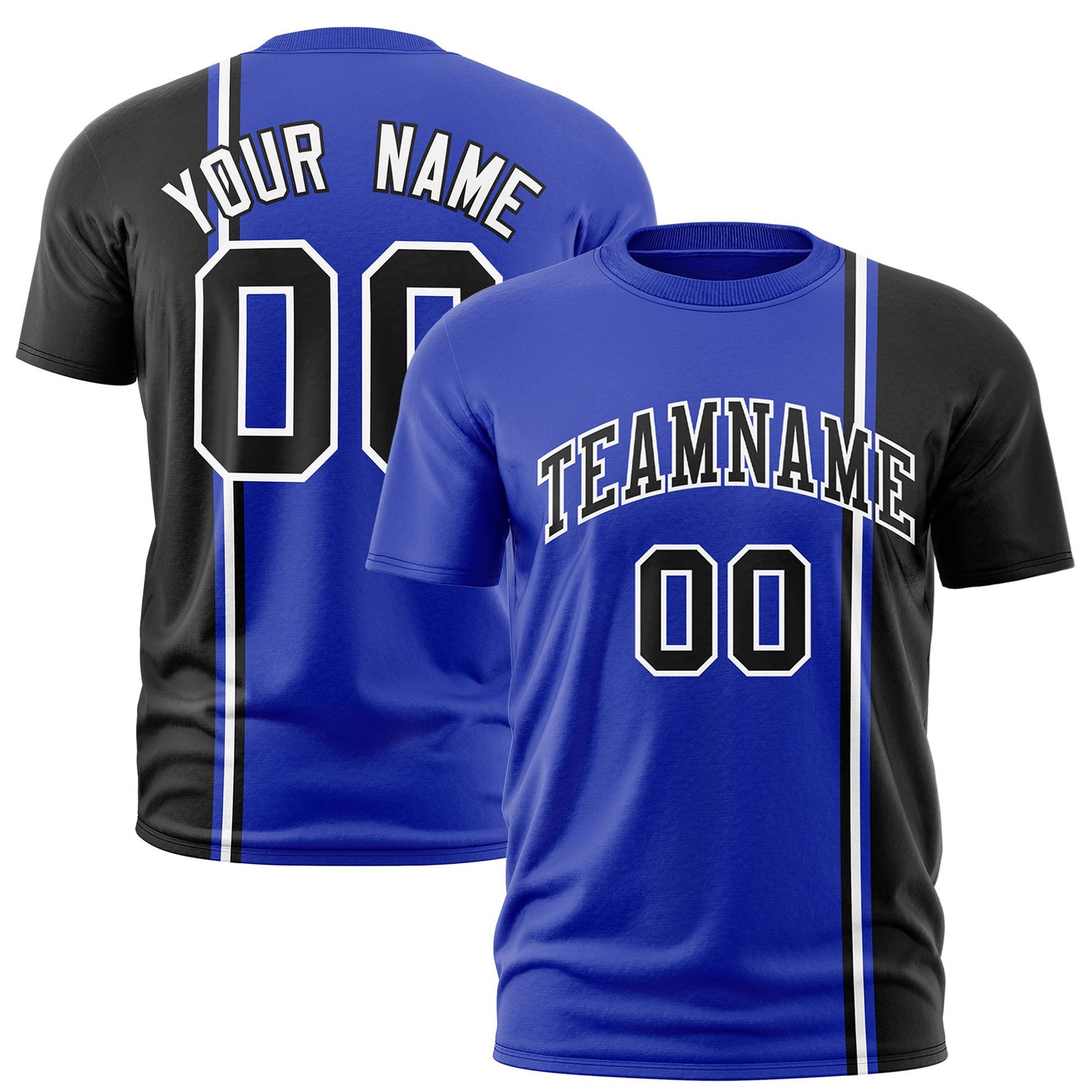 Custom Royal Blue Black-White Crew neck Color Contrast Design T-Shirts