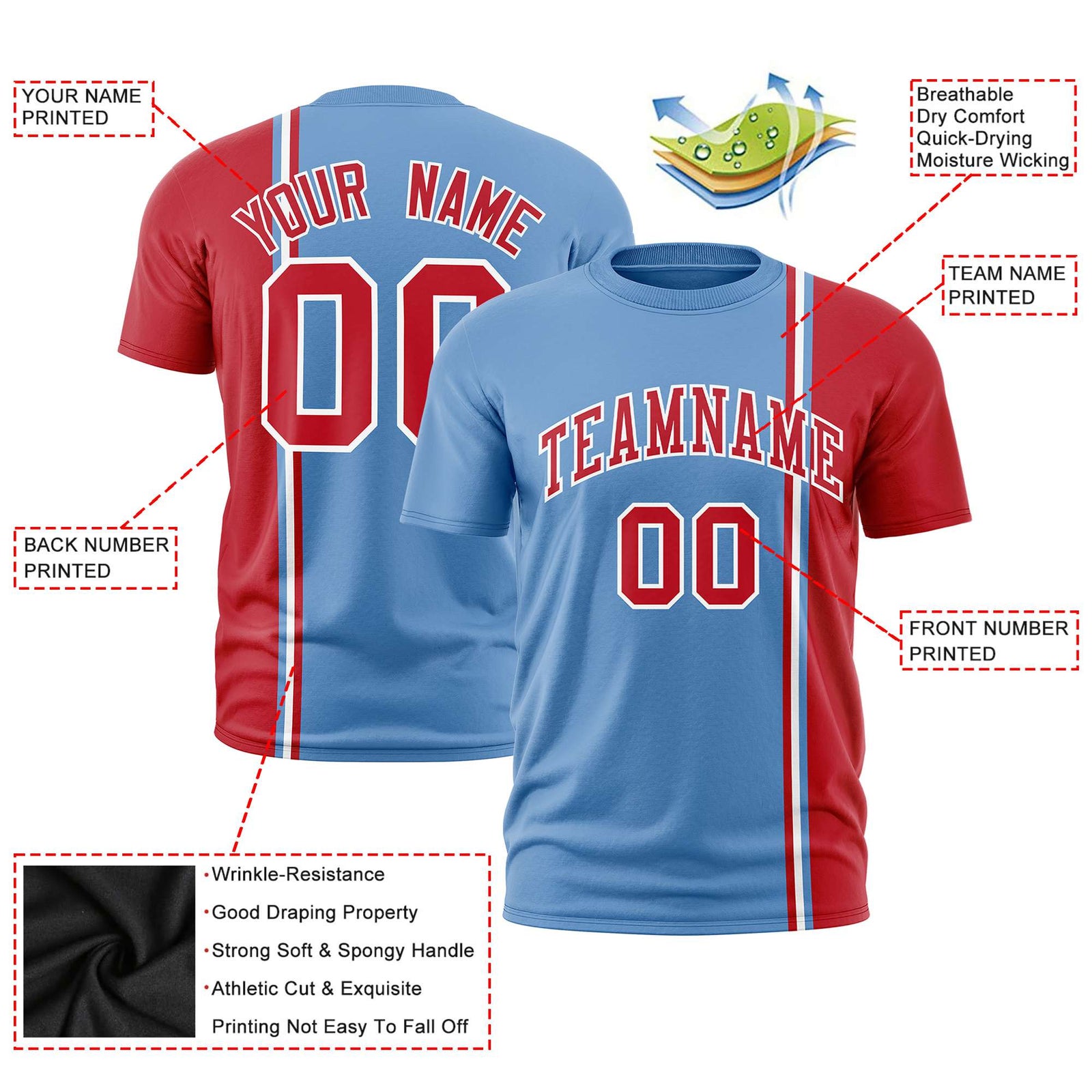 Custom Powder Blue Red-White Crew neck Color Contrast Design T-Shirts