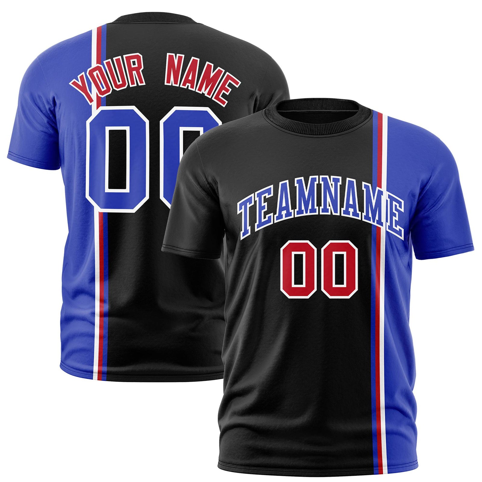 Custom Black Royal Blue-White Crew neck Color Contrast Design T-Shirts