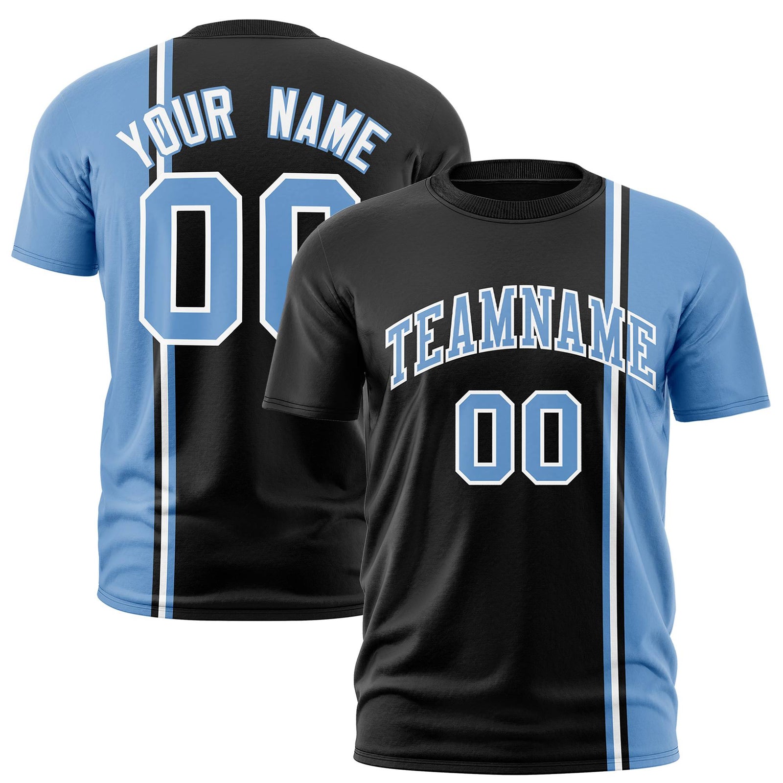 Custom Black Powder Blue-White Crew neck Color Contrast Design T-Shirts