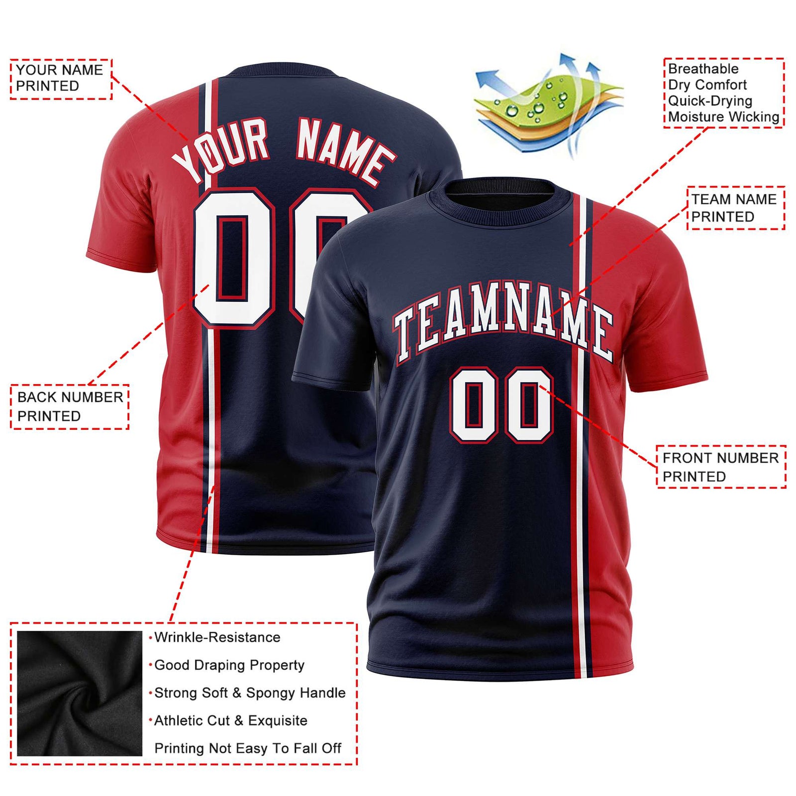 Custom Navy Red-White Crew neck Color Contrast Design T-Shirts