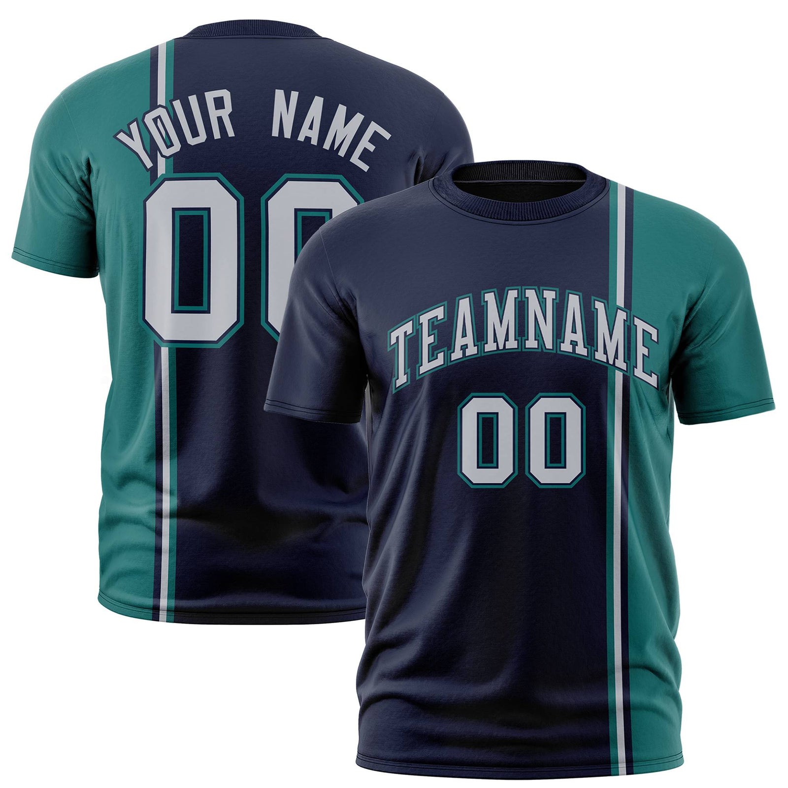 Custom Navy Aqua-White Crew neck Color Contrast Design T-Shirts