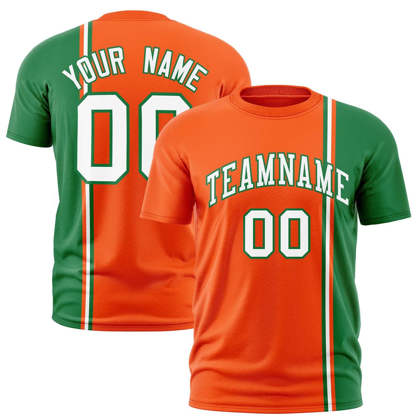 Custom Orange Kelly Green-White Crew neck Color Contrast Design T-Shirts