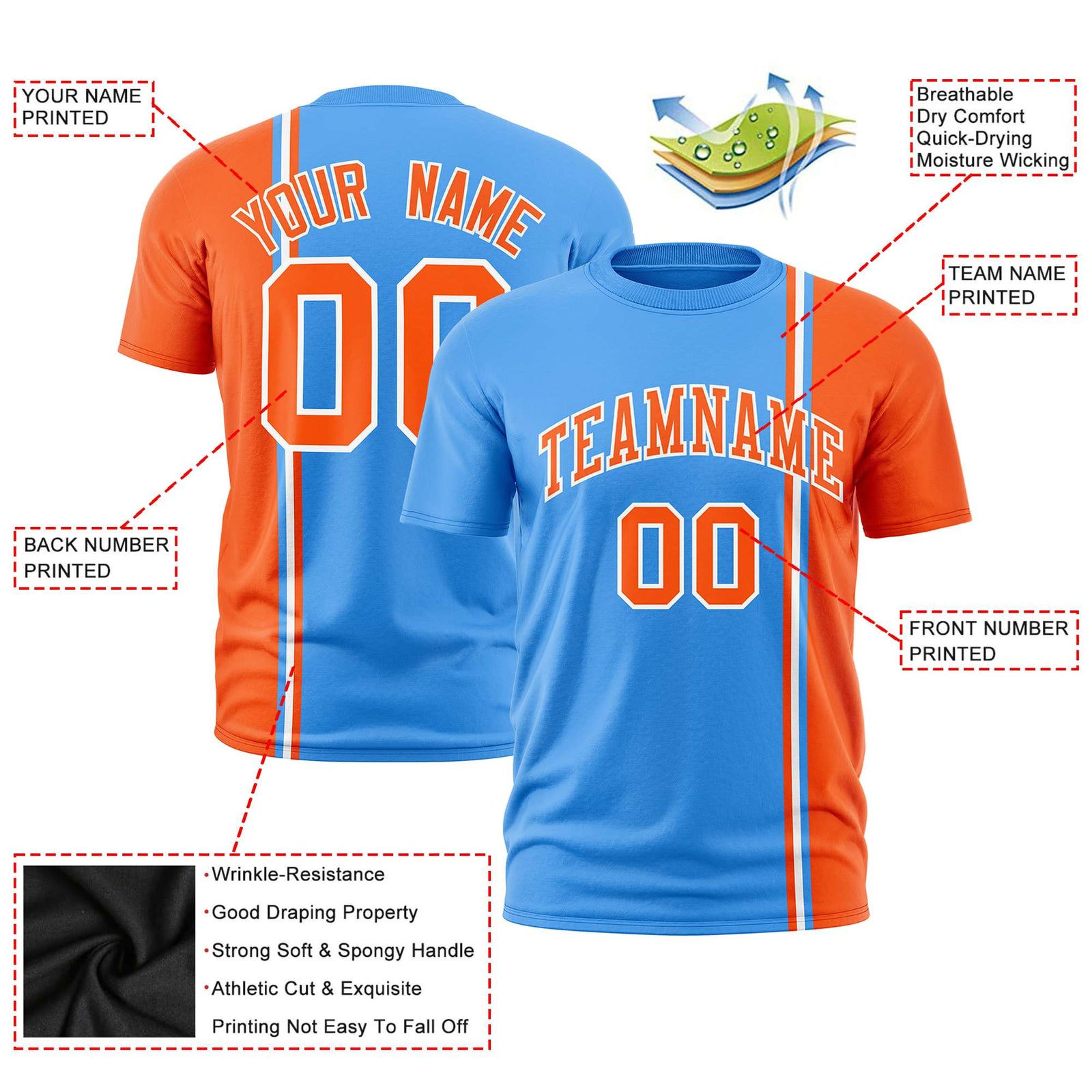 Custom Powder Blue Orange-White Crew neck Color Contrast Design T-Shirts