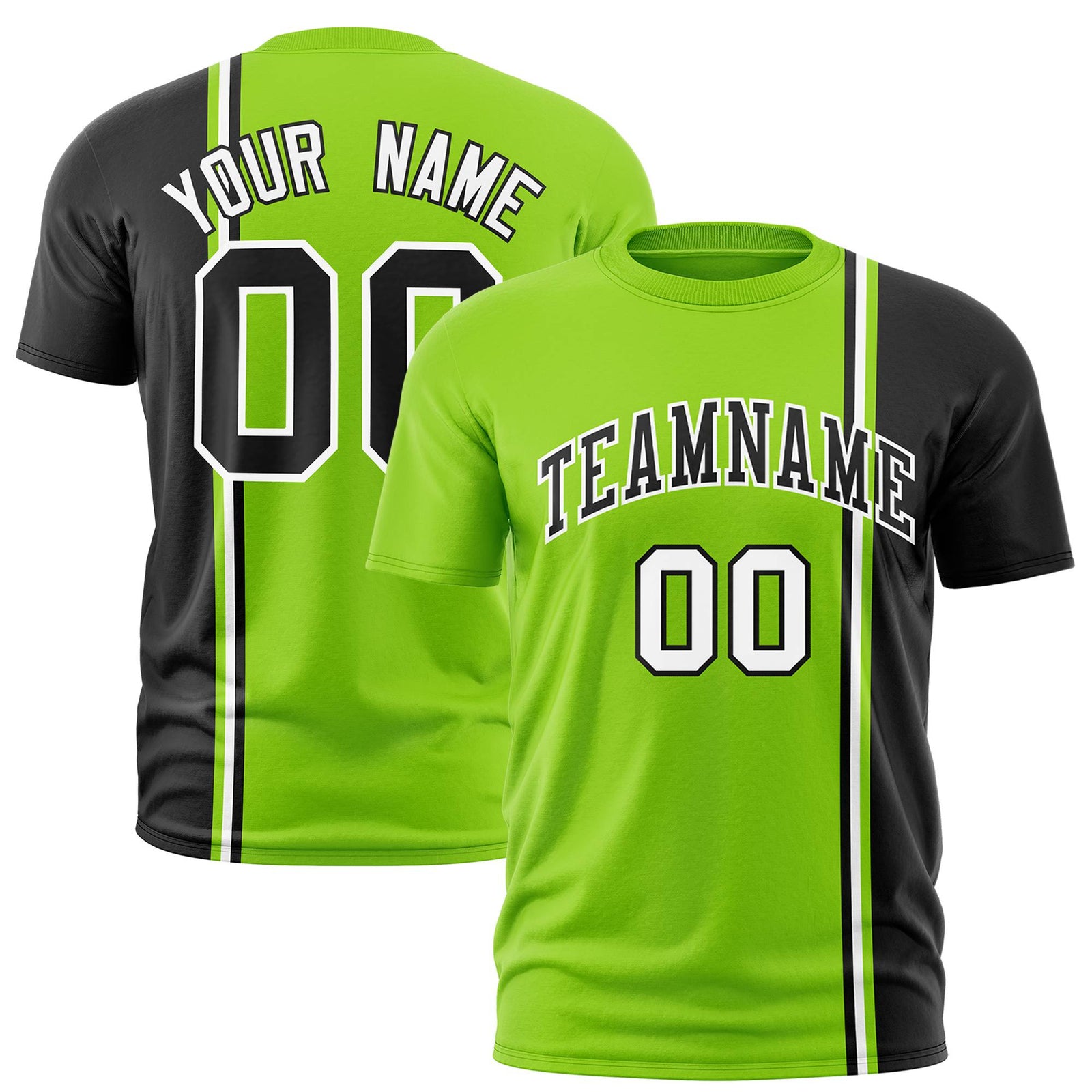 Custom Neon Green Black-White Crew neck Color Contrast Design T-Shirts